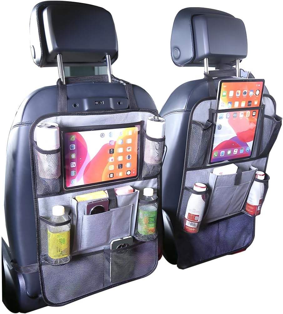 2PCS Car Seat Back Organizer, Waterproof Vehicle Storage Bag with Touch Screen Tablet Holder & 9 Pockets, Auto Kick Mats Back Seat Protector for Kids, Universal Travel Accessories (Gray/Large)