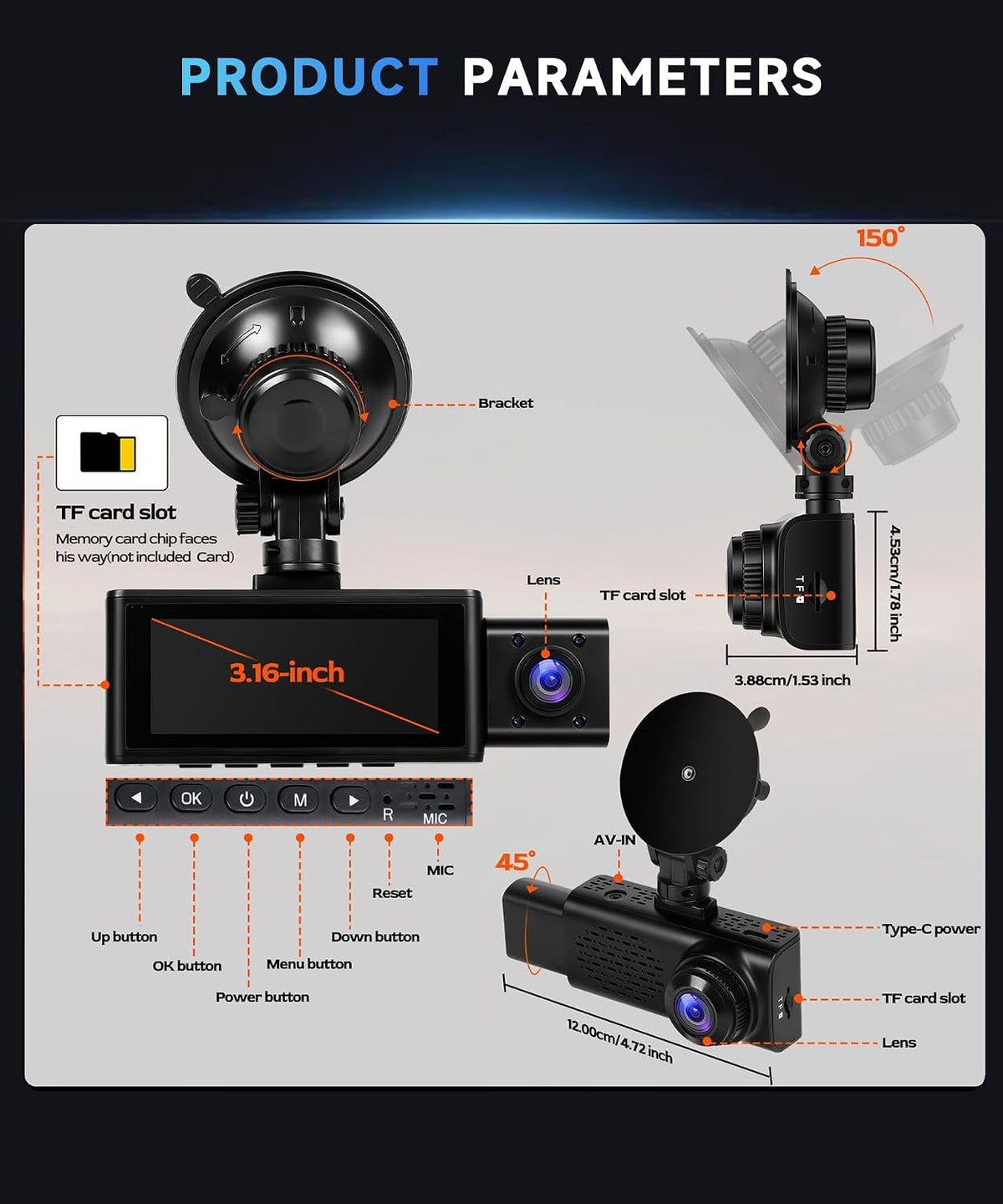 3 Channel Dash Cam 360° Front and Rear Inside, 2.5K Car Camera Recorder, 3.16 Inch Screen with WiFi GPS, Low-Light Night Vision, G-Sensor, 24/7 Time-Lapse Parking Loop Recording