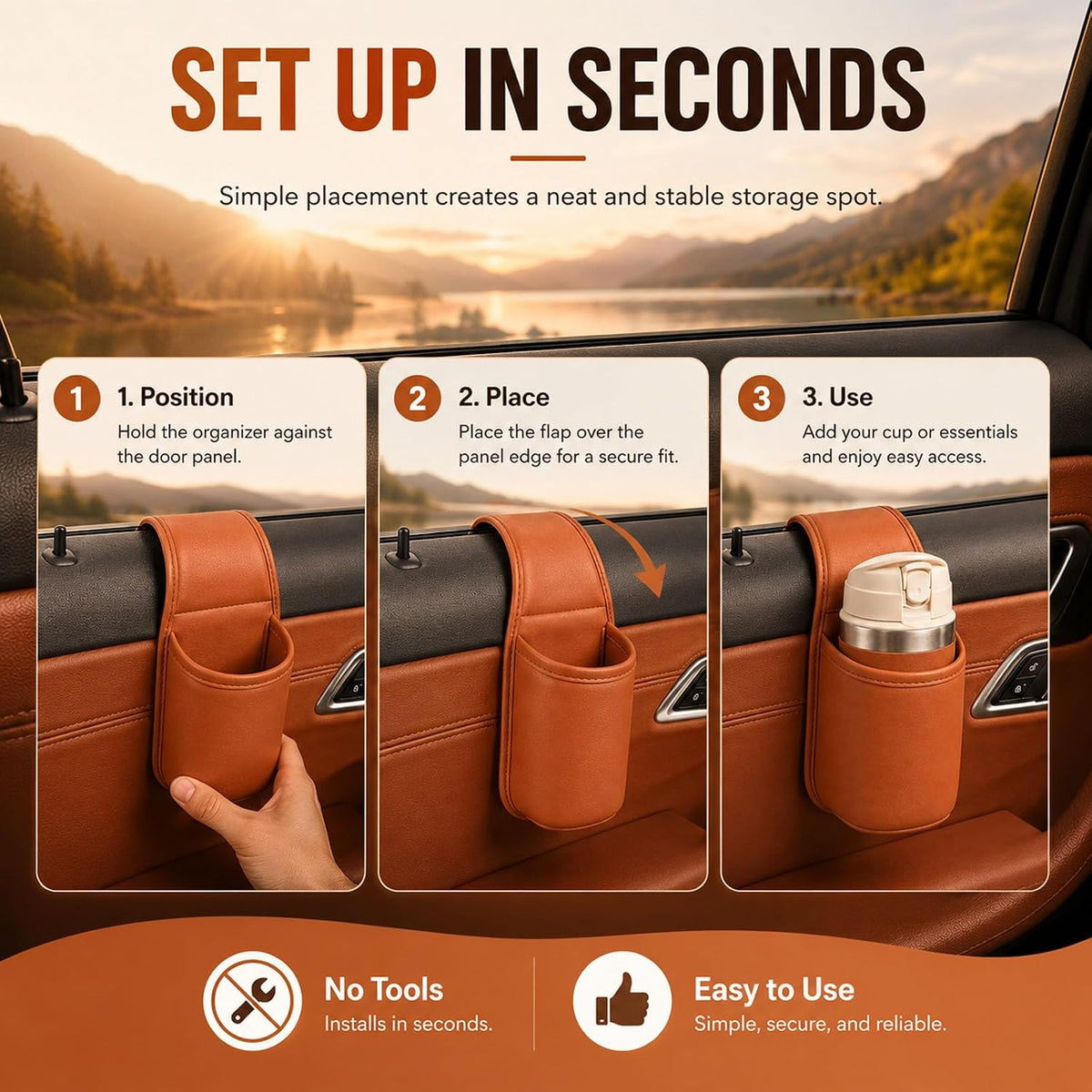 2027 Leather Car Door Cup Holder for Window, Wide-Mouth Organizer for Drinks & Phone (2Orange)
