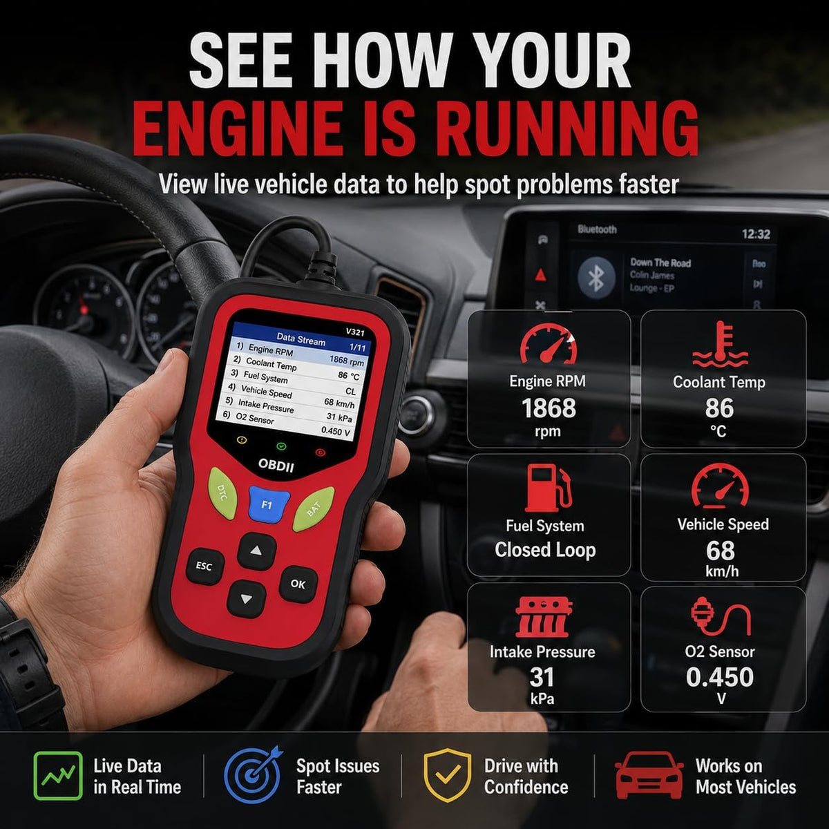 V321 OBD2 Scanner Diagnostic Tool - Erase Engine Light Code Scanner Tool with Reset, 30000+ DTC, Data Printed, Data Stream, I/M Readiness, Car & Truck Scan Tool for All Vehicles Since 1996