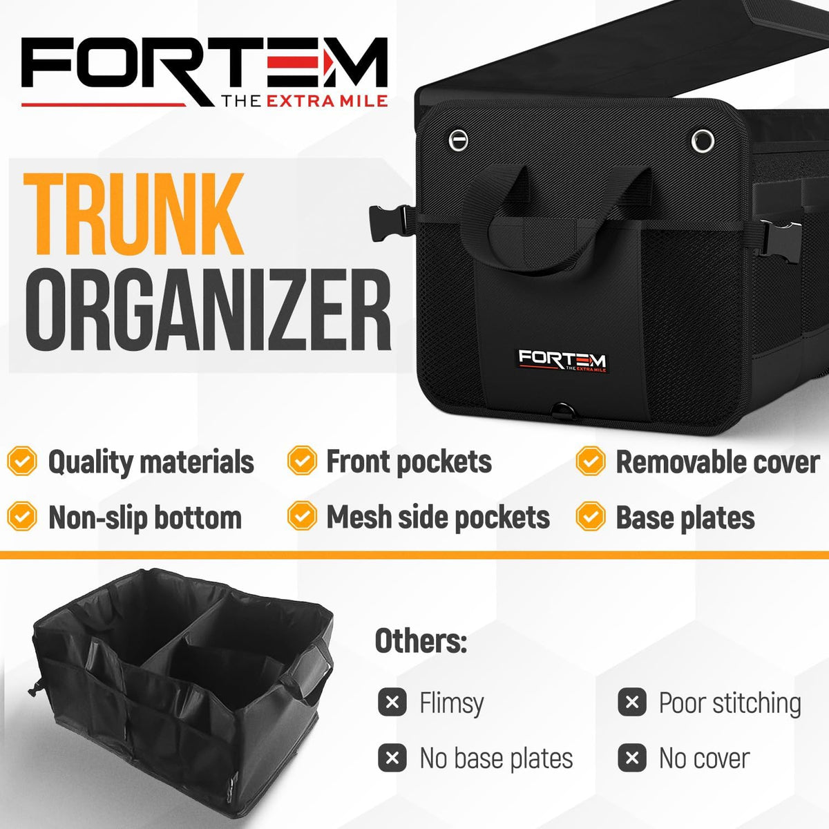 FORTEM Trunk Organizer For SUV Car Organizer and Storage, Multi-Compartment Storage Bag Car Accessories for Women Men, Perfect Christmas Gifts, 1680D Oxford, Non Slip Bottom, Straps, Soft Cover (90L)
