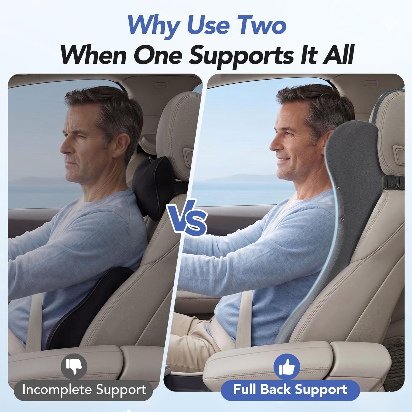 Lumbar Support Pillow for Car with Headrest, Memory Foam Cushion for Back & Neck Support, Muscle Fatigue Relief, Full-Length S-Curve Support for Long Drives, Fits Cars, SUVs, Trucks