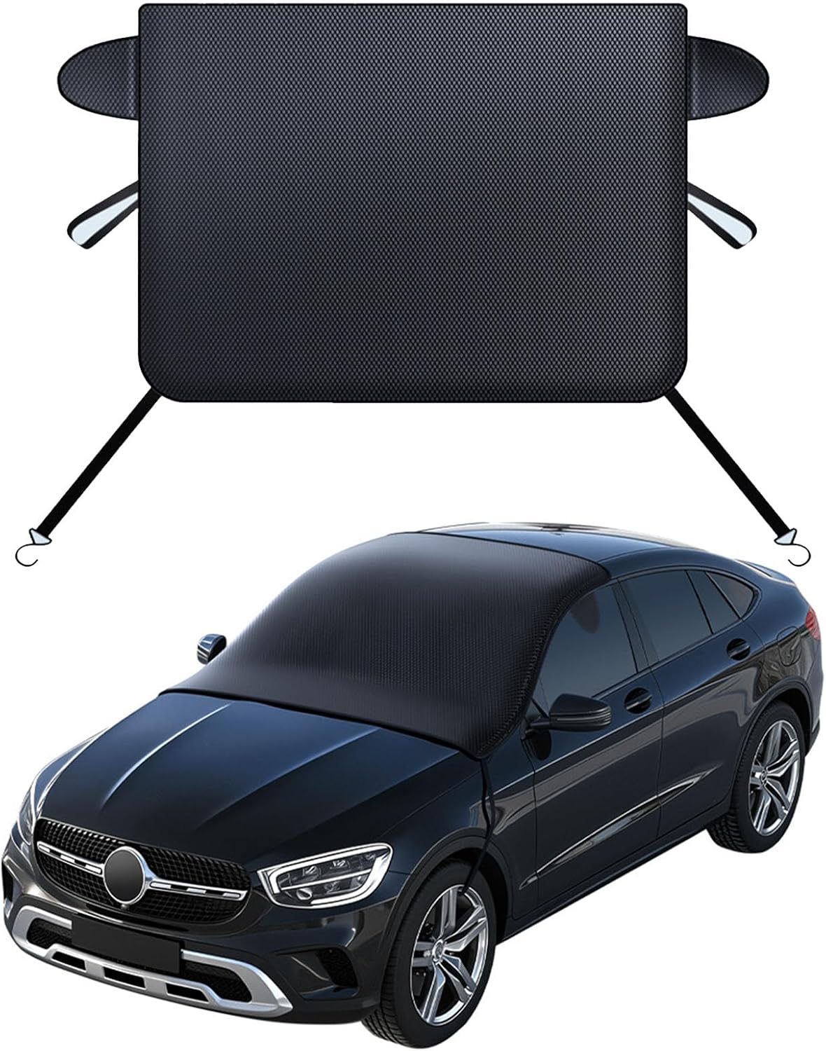Windshield Cover for Ice and Snow, Winter Summer Sunshade with Thickened 600D Oxford Fabric, Universal Car Frost Shield Snow Cover Windshield Protector Green Earmuffs with Four Straps