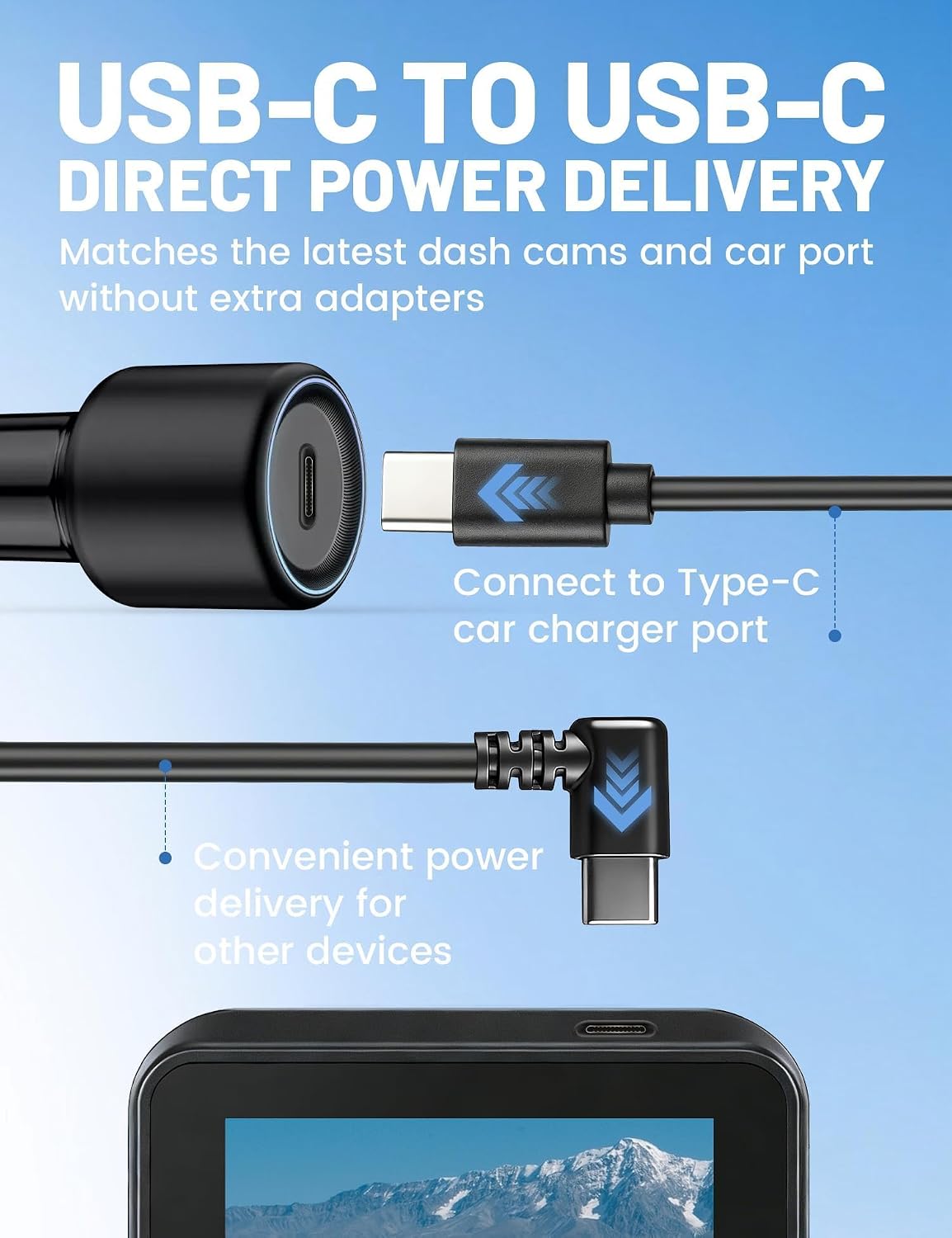 EWAY USB C to 90 Degree USB C Dash Cam Power Cord 10FT, Replacement Type C Dashcam Power Cable for Front Rear Dash Recording Dashboard Camera, Compatible with Car Charger USBC Port for SUV, Truck