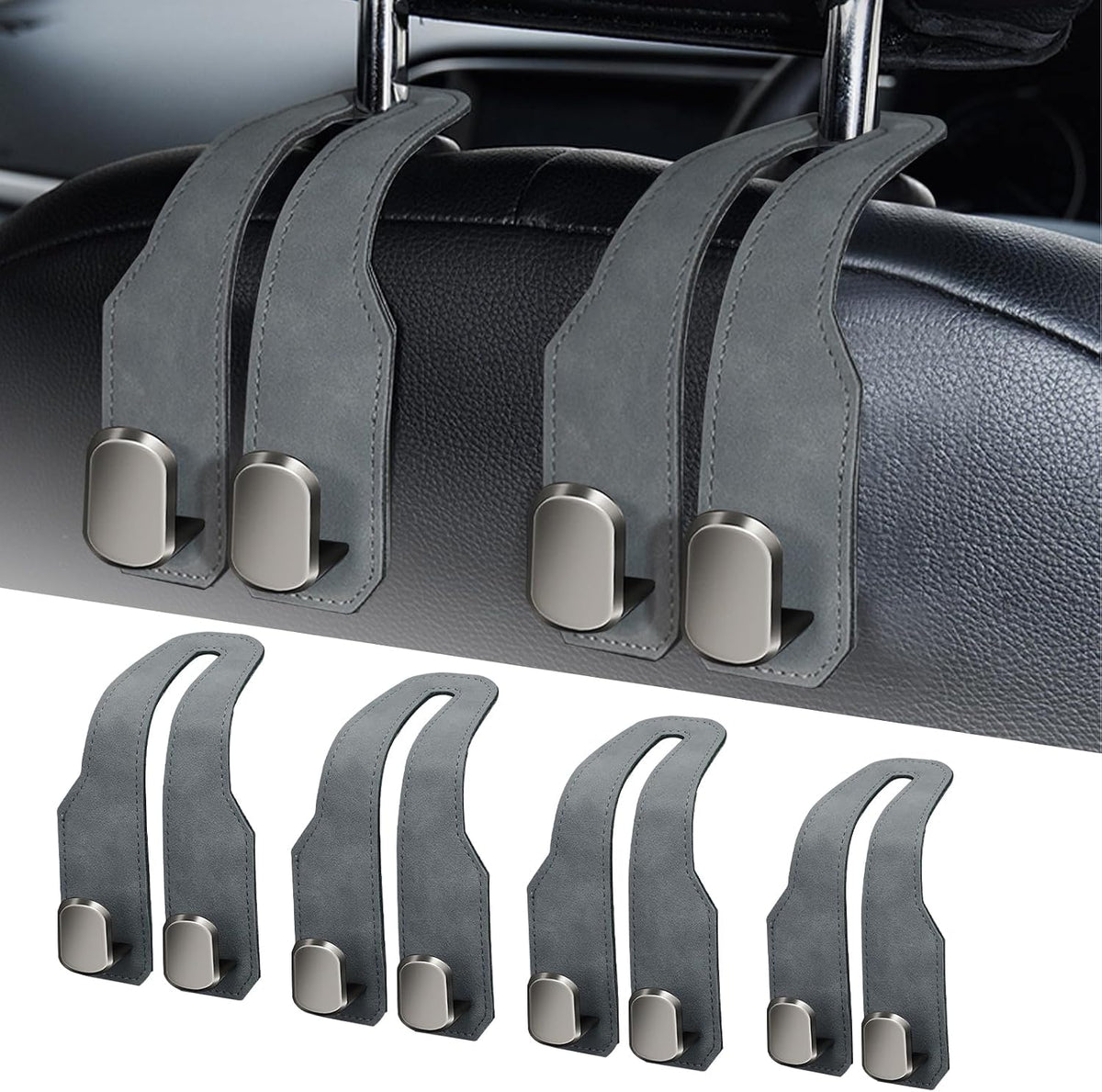 Car Purse Hook, Car Seat Headrest Hooks, Black Leather 2 Pack