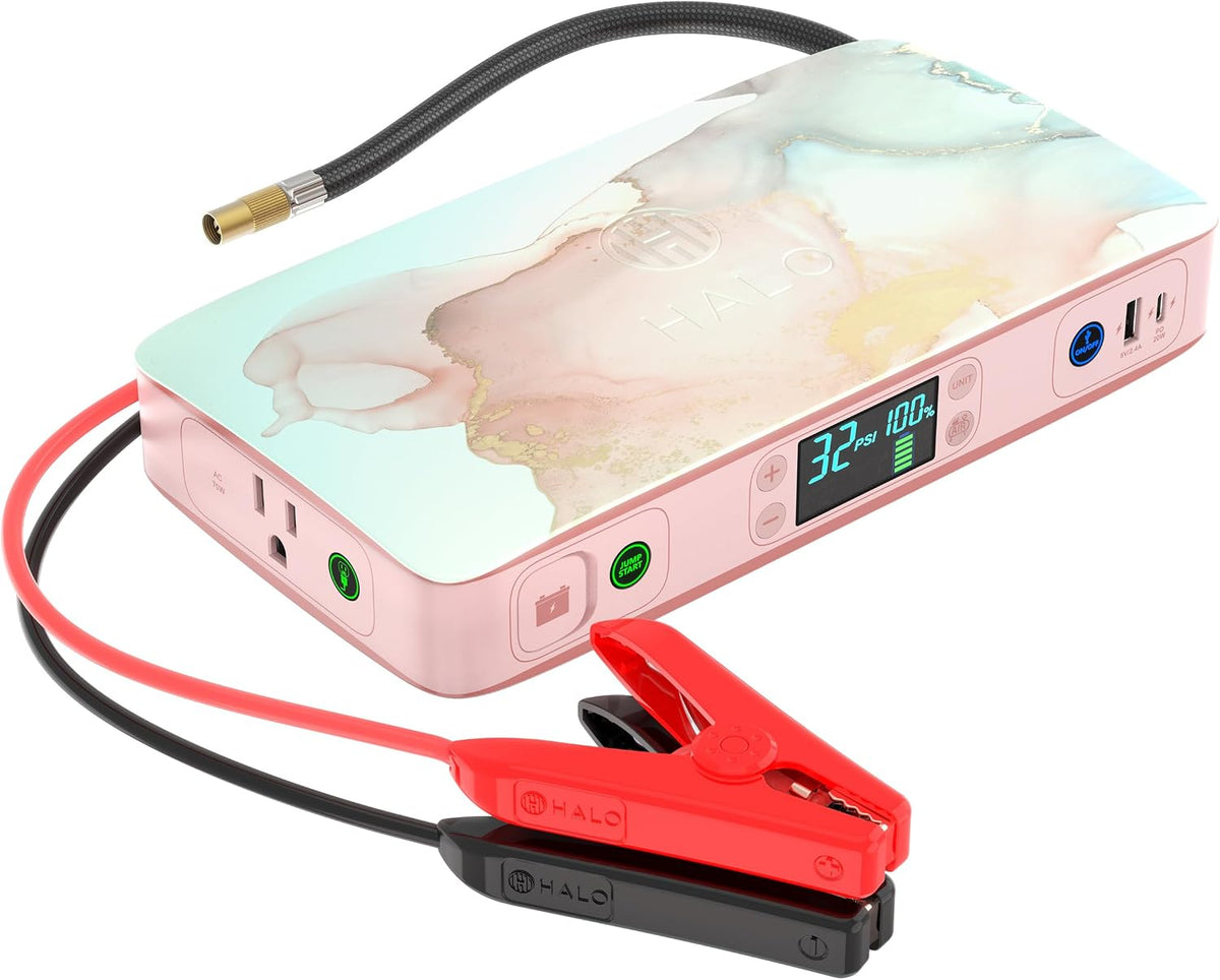 HALO Bolt Ultimate 2 Portable Car Battery Jump Starter | 130 PSI Air Compressor, 55.5Wh USB Power Bank with AC Outlet, Emergency Floodlight & Charger, Jumps Cars SUVs & Trucks, Inflates Tires — Navy