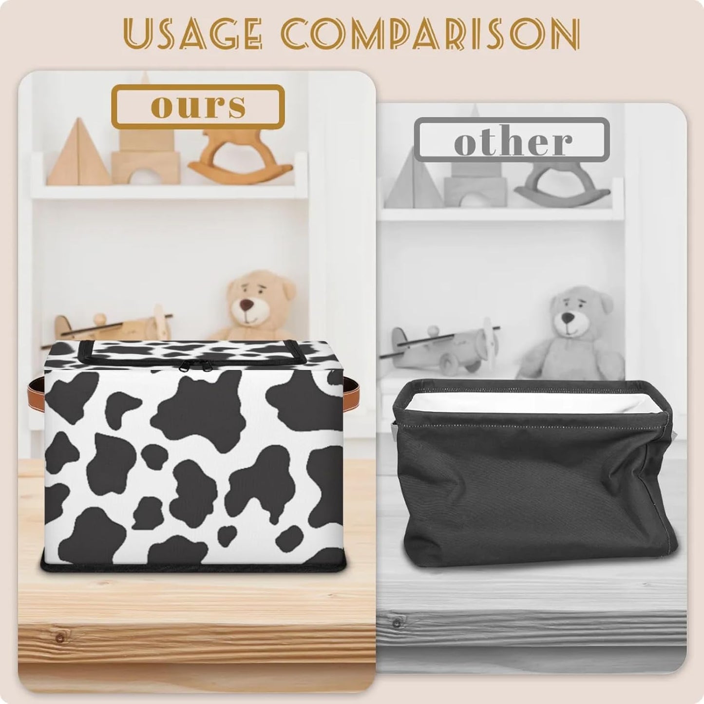 Cow Print Pattern Storage Bins With Zipper Lid, Collapsible Trunk Organizer, Car Organizers and Storage Bins with Lids, Decorative Storage Boxes with Handle, Home Storage Baskets for Organizing
