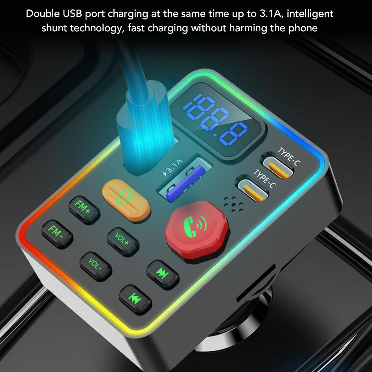 Zunate Car Bluetooth Adapter FM Transmitter with Large Digital Display, USB Type C and USB Fast Charging Car Charger, MP3 Music Stereo Sound Player Radio Adapter for 12V 24V Vehicles