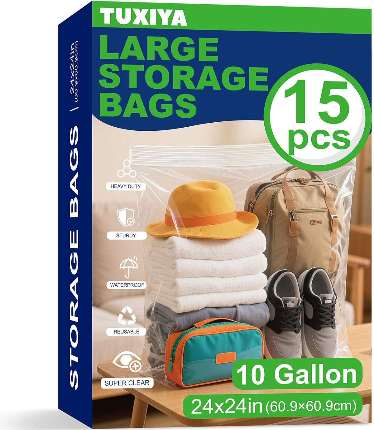 TUXIYA 30PACK 10 Gallon Extra Large Zipper Plastic Bags for Storage 24"x24"
