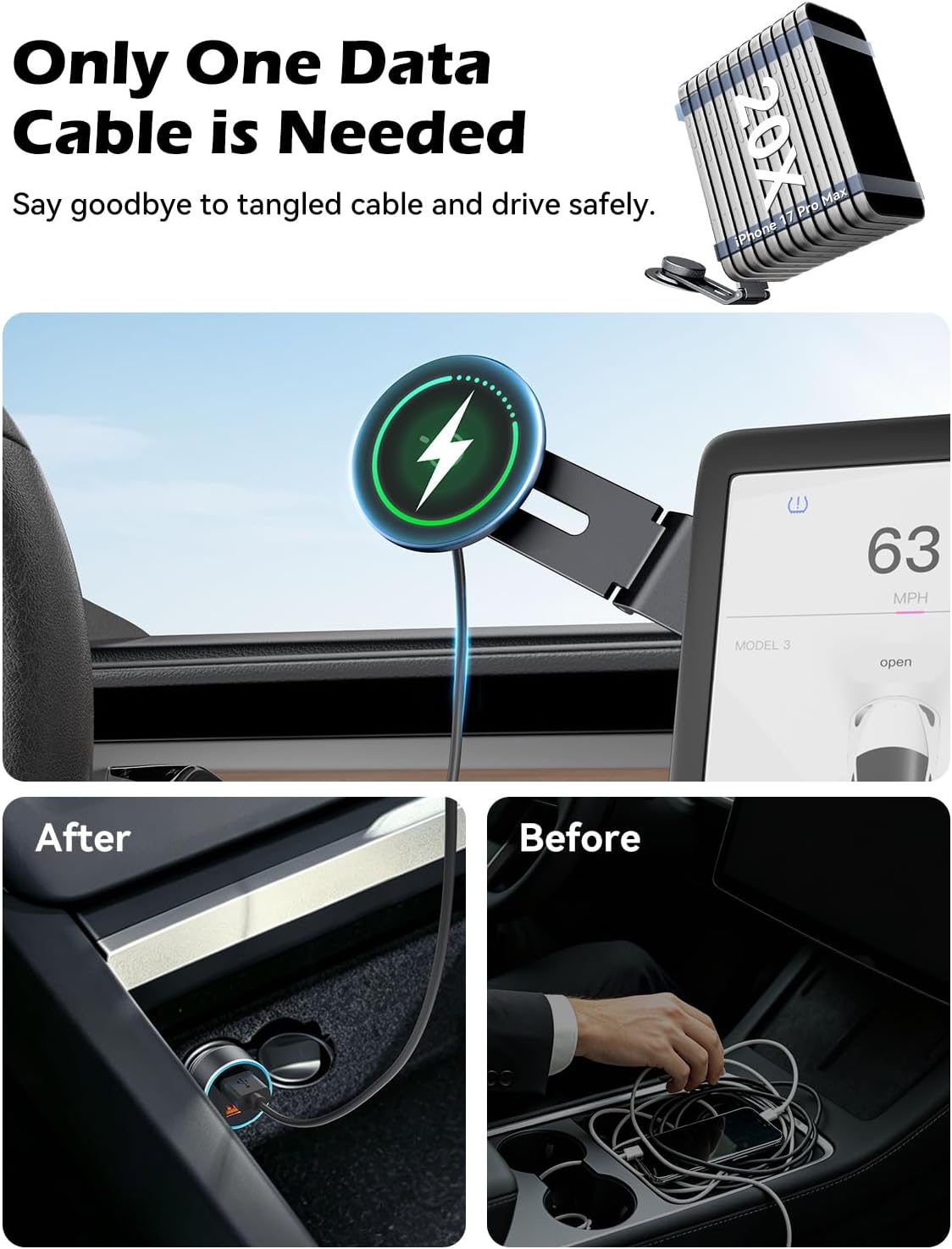 15W Charging Phone Mount for Tesla Model 3/Y, Magnetic Car Metal Holder