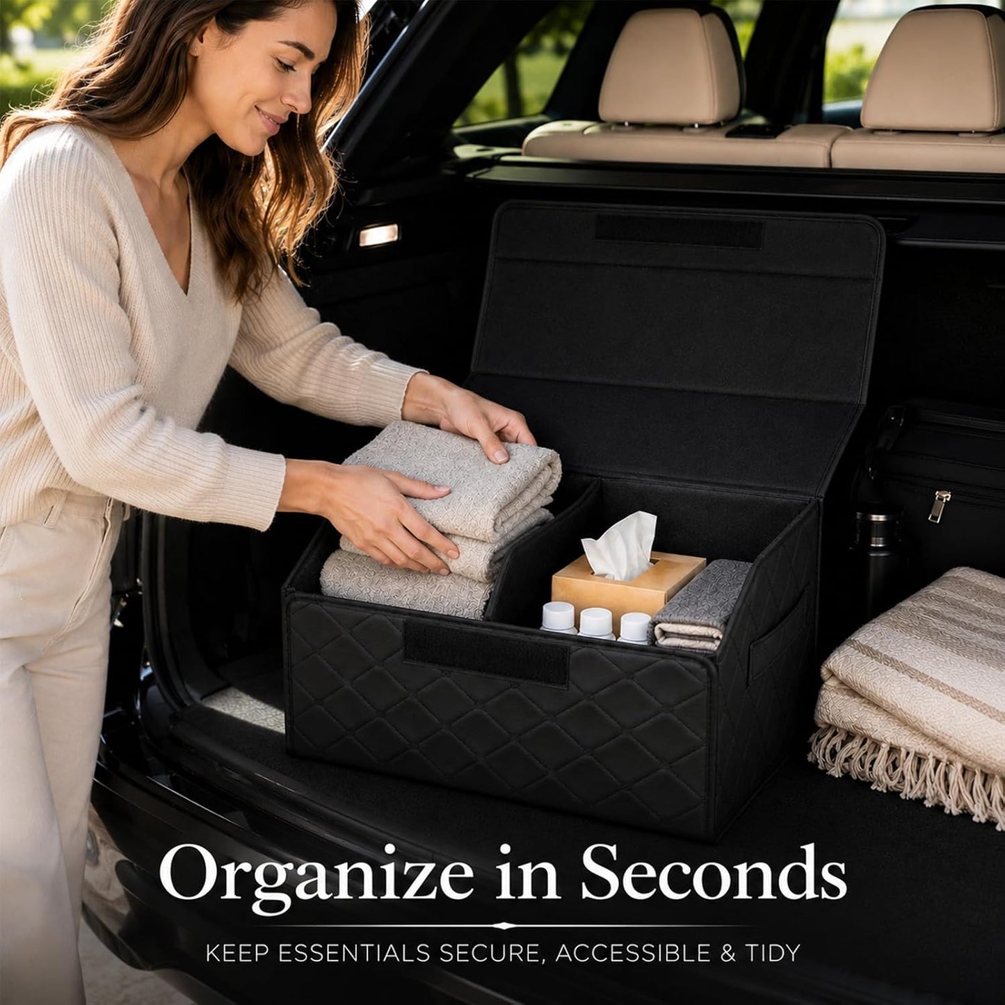 2Pack Leather Trunk Organizer for SUV & Sedans - Extra Large Foldable Car Storage Box with Lid, Adjustable Removable Dividers and Carry Handle, Collapsible Auto Cargo Organizer Black
