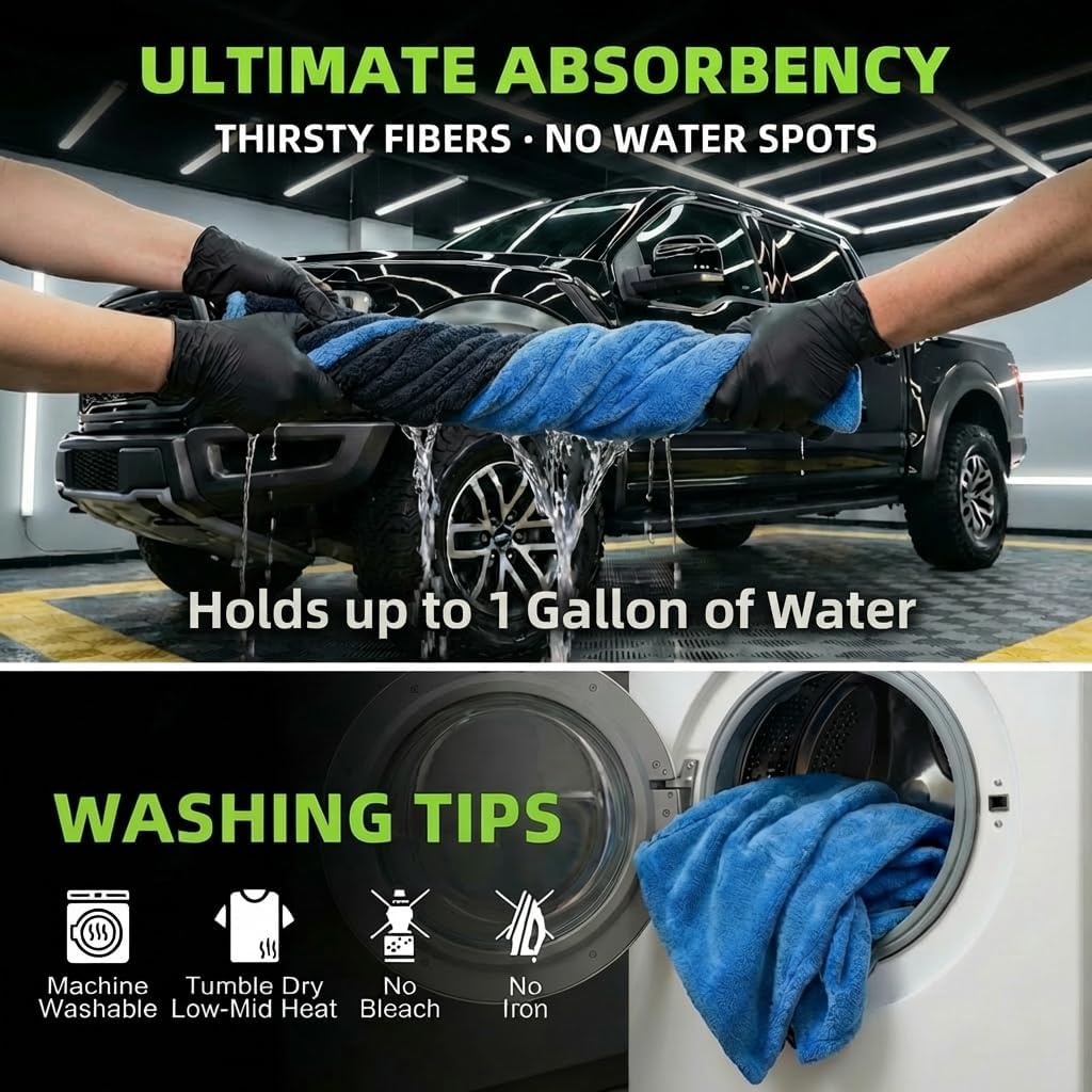 3-Pack Color-Coded Car Drying Towel Set 48"x24" Oversized Microfiber