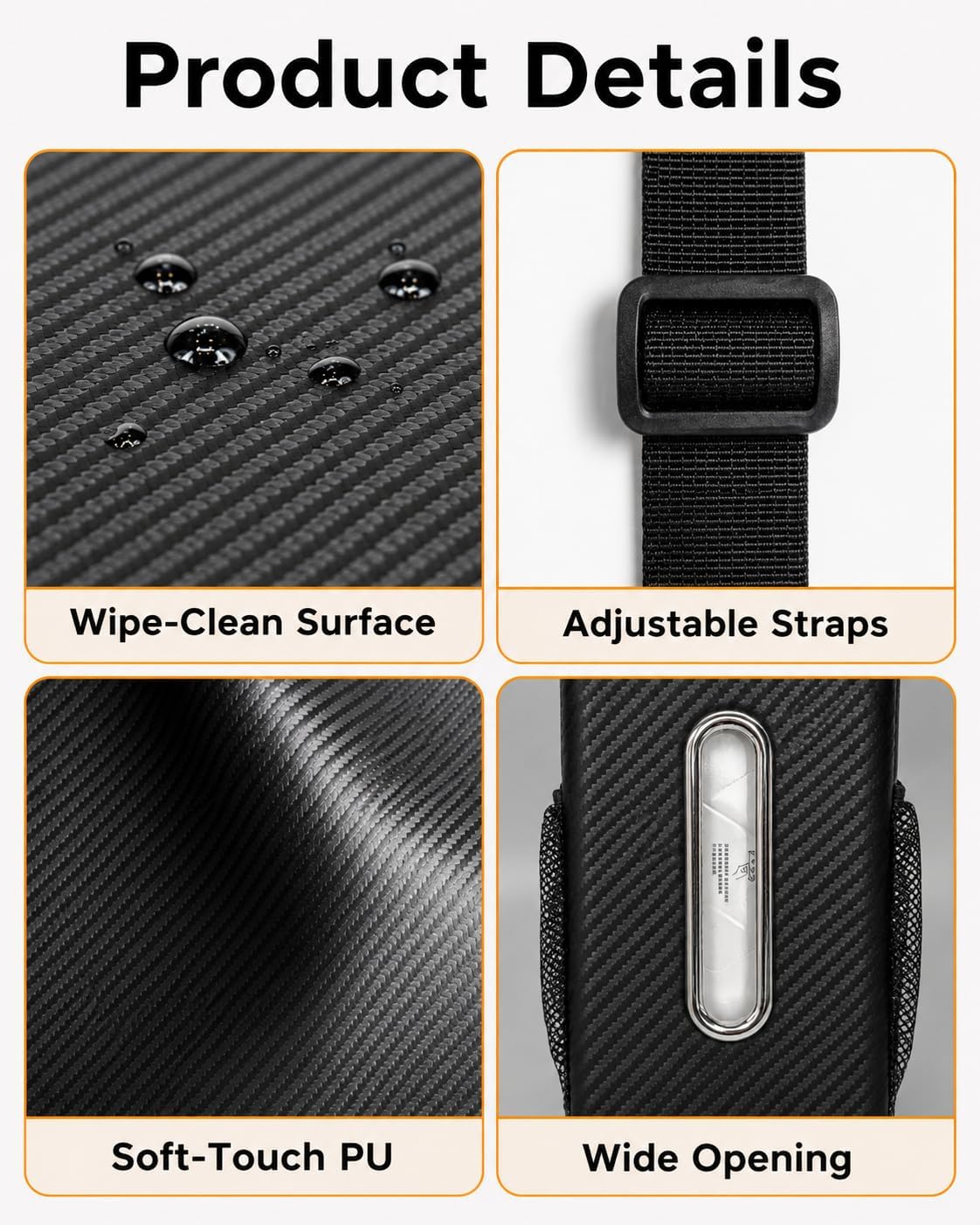 Leather Car Tissue Holder for Front & Back Seats, Car Tissue Box with 2 Side Mesh Pockets, Wide Metal Opening for Easy Pull, Fits 100–160 Count Rectangular Tissue Boxes, Carbon Fiber