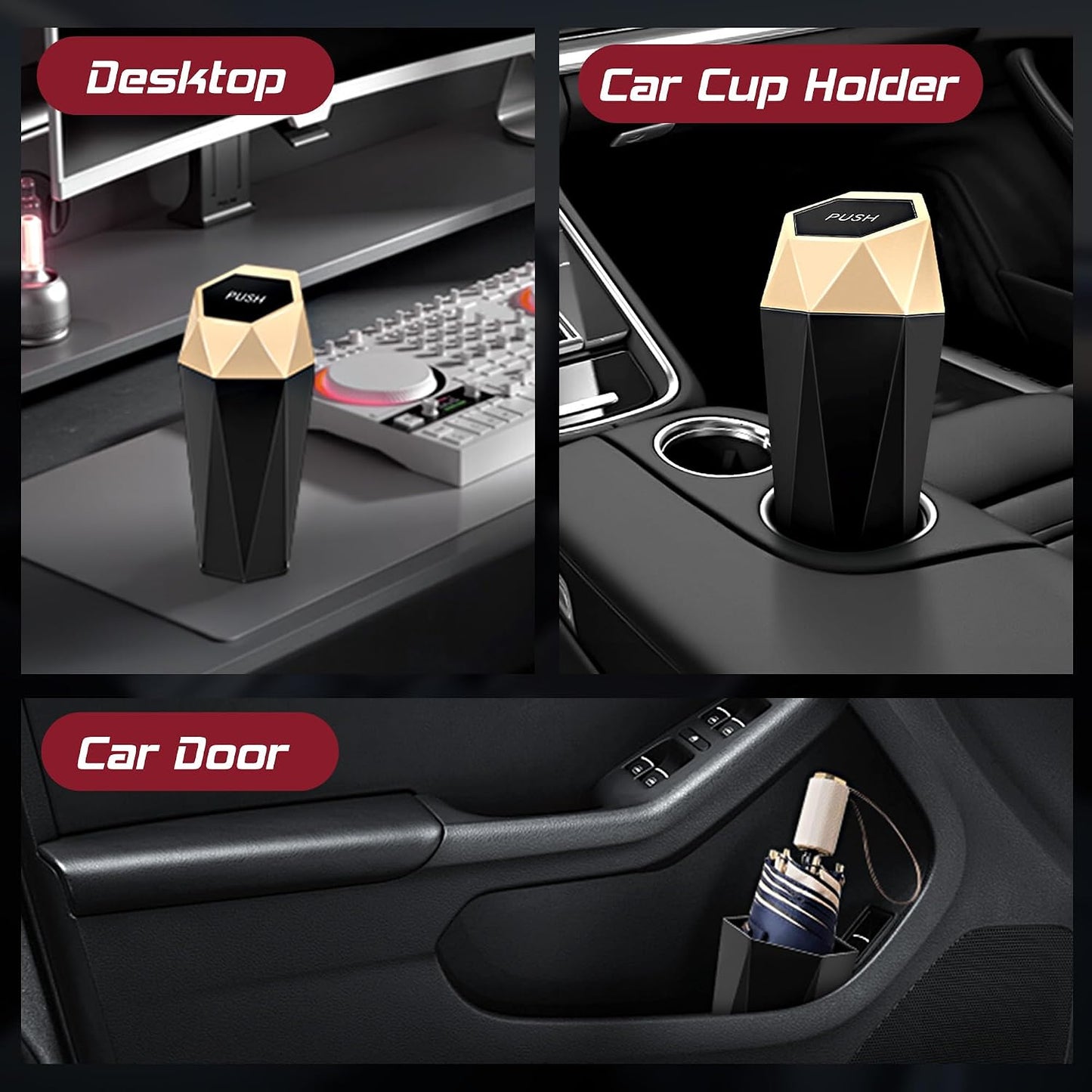 Car Trash Can with Lid, Mini Car Trash Cup with 30 Additional Trash Bags, Car Accessories for Interior, Leakproof Vehicle Garbage Bin for Car, Home, Office - 2 Packs, Gold