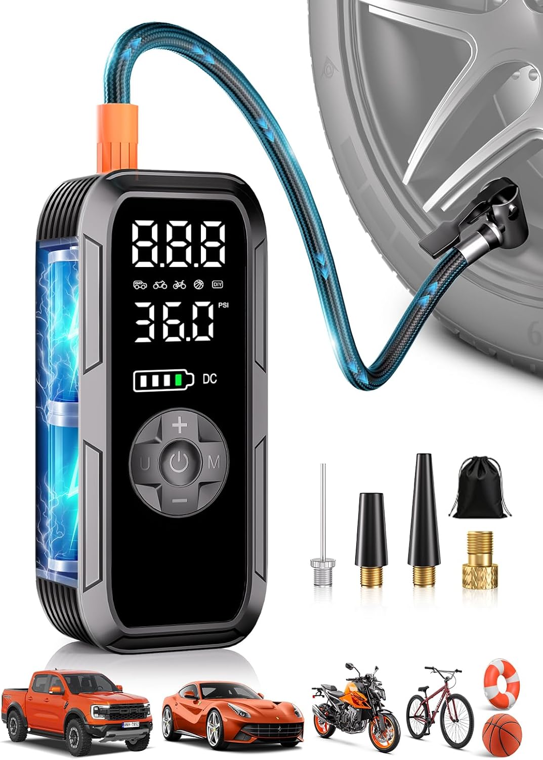 Y51 Tire Inflator Portable Air Compressor, 150 PSI Cordless Electric Air Pump for Car Tires, Auto Shut-Off/ 4500mAh/ 12V DC Car Plug/Accurate LCD Display & LED Light for Car, Motorcycle, Bike, Ball
