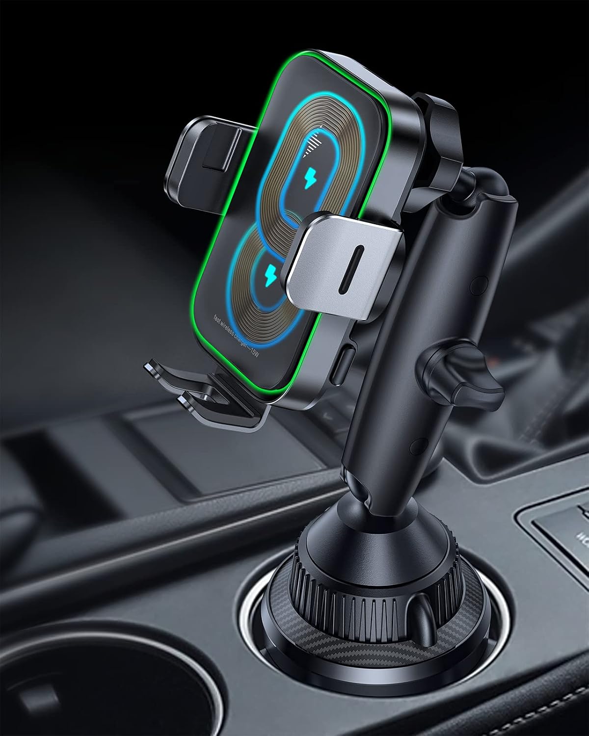 APPS2Car 15W Wireless Car Charger Cup Holder, Dual Coil, Auto Clamping