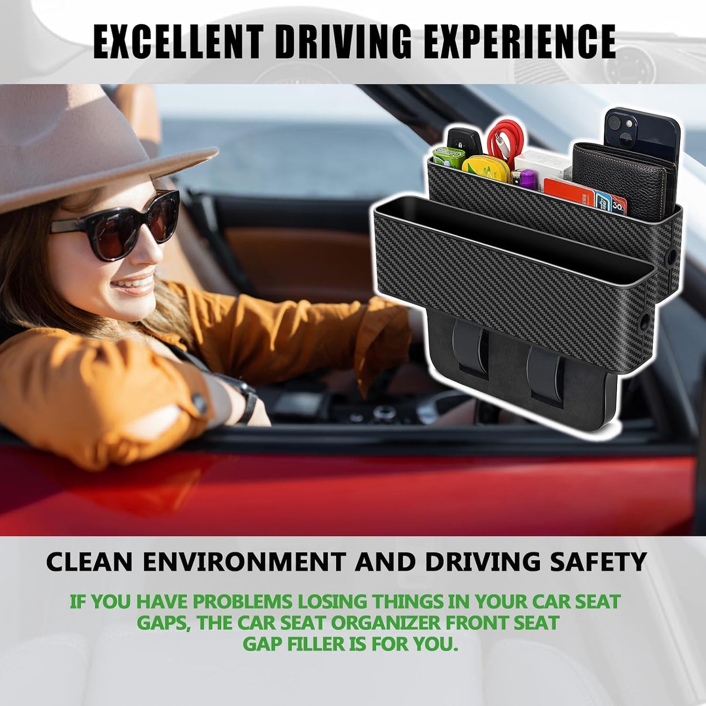 jiaji Car Seat Gap Filler, Multifunctional Car Seat Gap Filler Organizer, 2 Pack Car Seat Organizer for Storing Phones, Keys, Cards, Data Cables, Universal Fit Car SUV Truck
