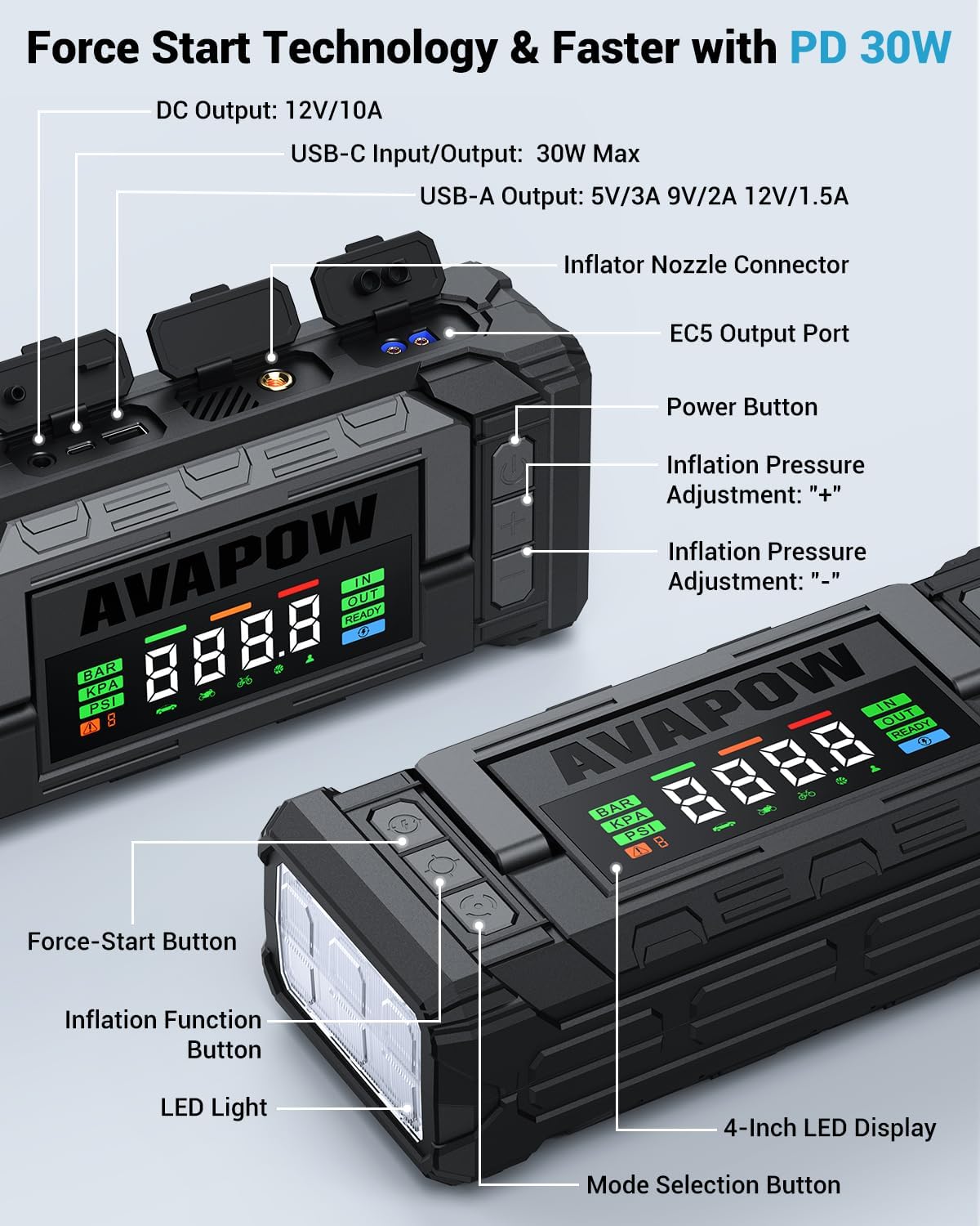 AVAPOW 10000A Jump Starter with Air Compressor, 12V Portable Jump Box