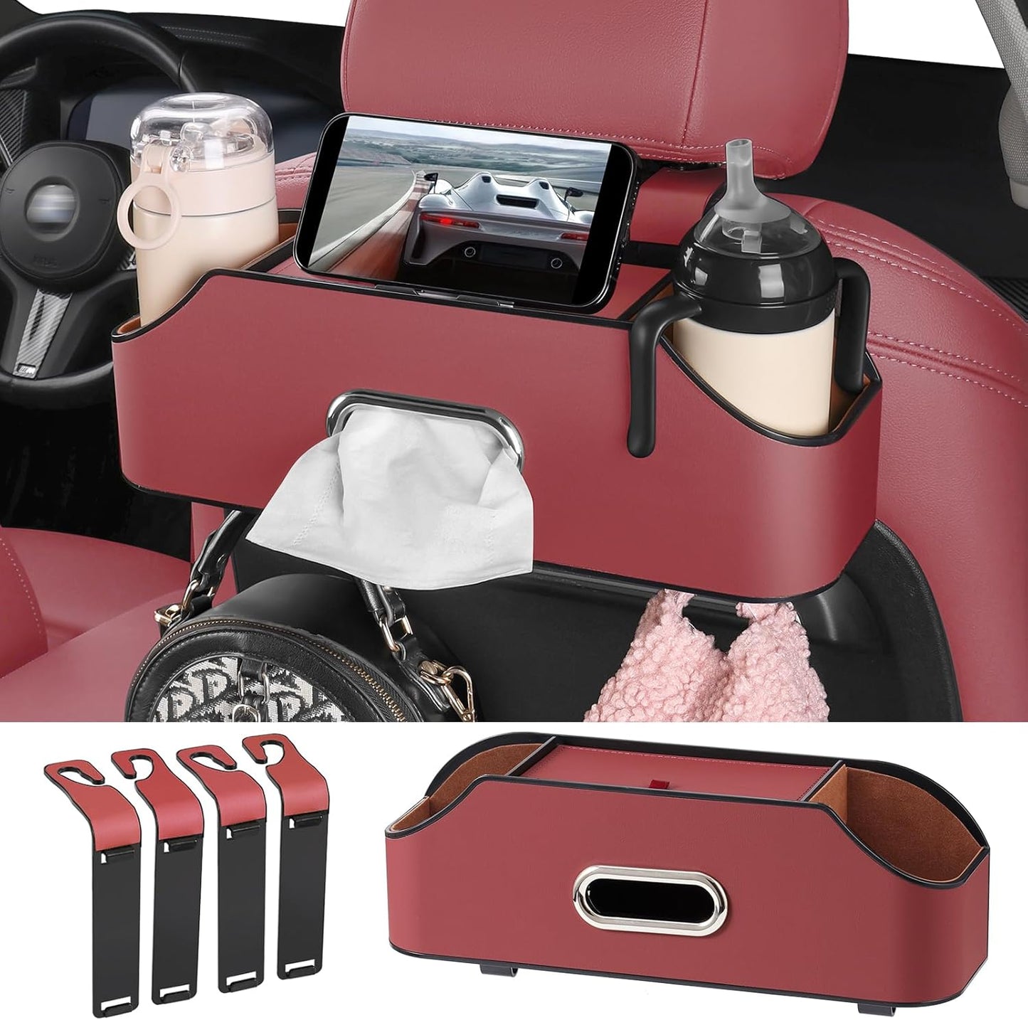Car Rear Backseat Extra Multifunctional Drink Cup Holder Organizers with Tissue Storage Box Organizer & Hooks for Car Seat Back. Black