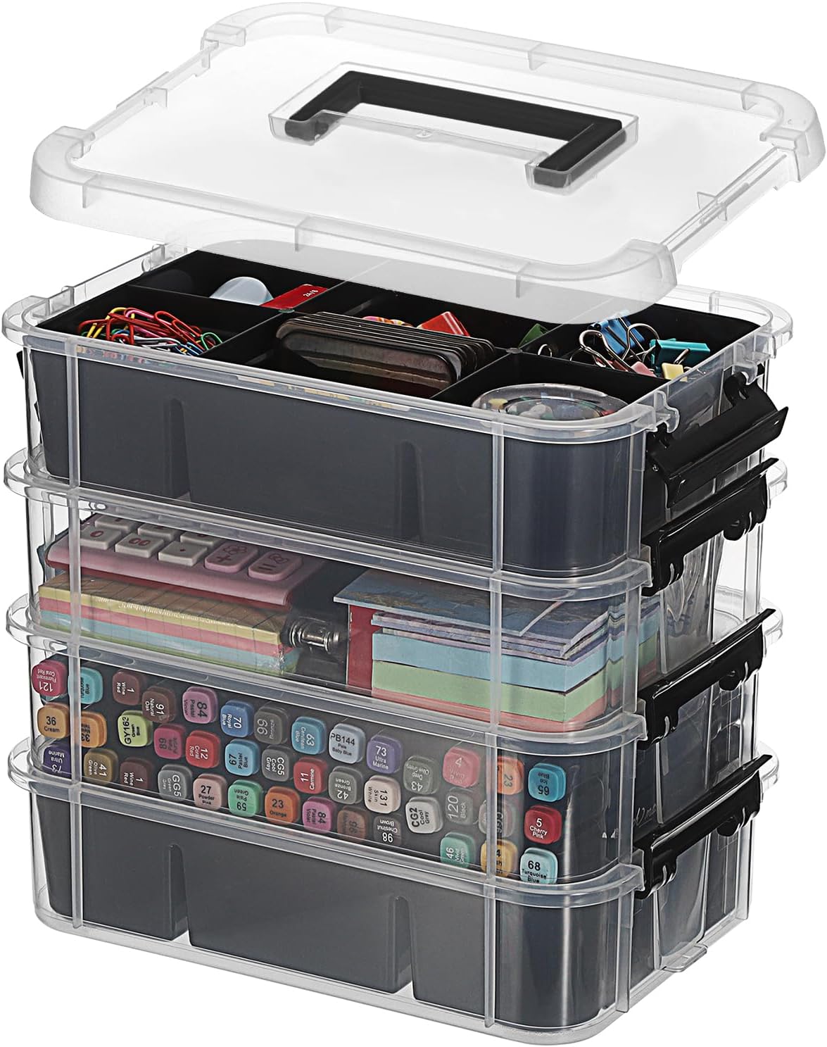 JUXYES 4-Tiers Plastic Stack Carry Storage Containers Box wih Handle Lids | Clear Stackable Latching Storage Bin With 2 Tray for School Office, Organizing Sewing, Art Craft, DIY Supplies, Black