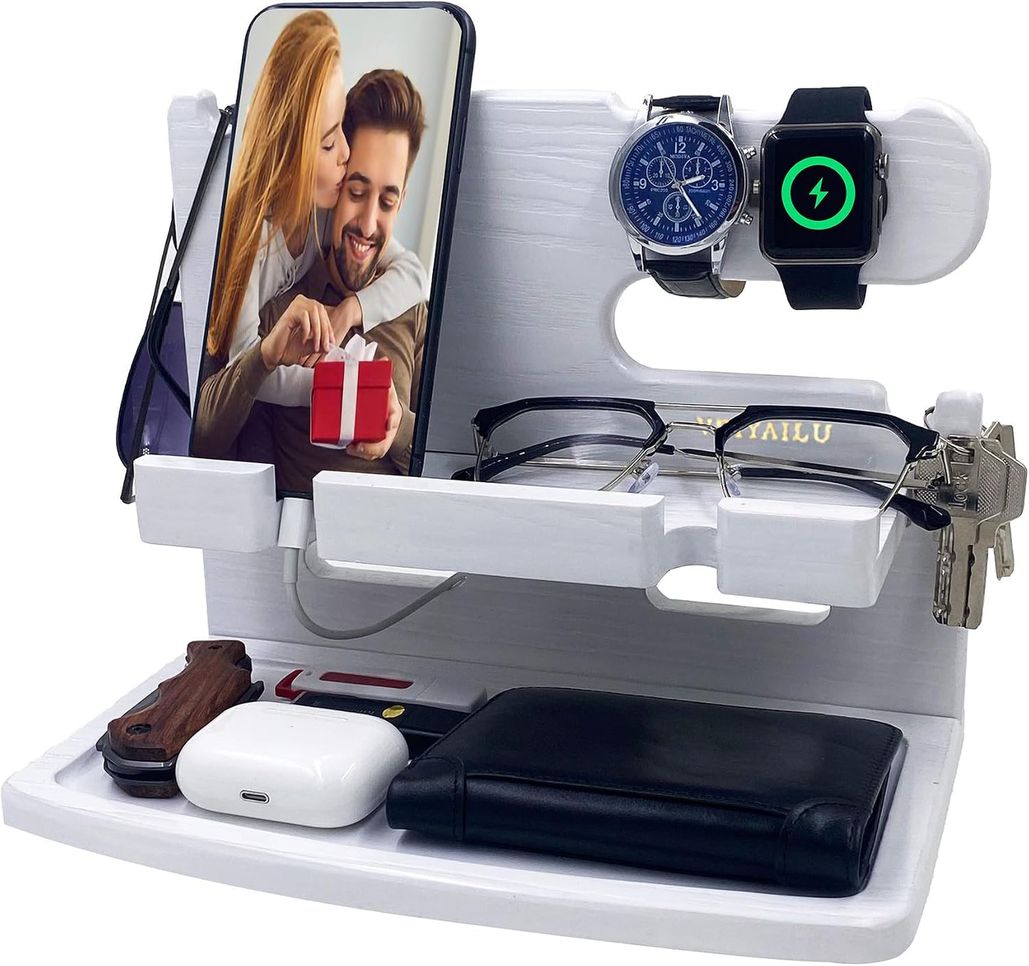 VEIYAILU Gifts for Men Boyfriend Dad Husband Him Wood Phone Docking Station Nightstand Organizer for Men (Walnut)