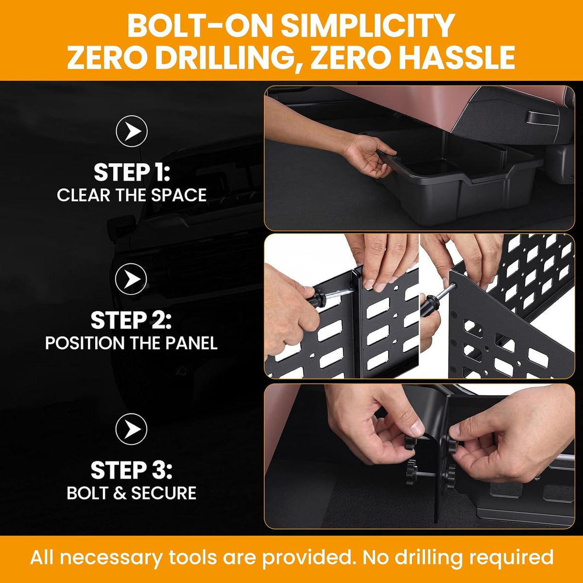 Underseat Storage Molle Panel: Fit for F150 (2015-2026) & F250 F350 SuperDuty (2017-2026) Crew Cab - Heavy Duty Steel Alloy Under Seat Organizer 150 lbs Capacity Fits Seat Mats - No-Drill