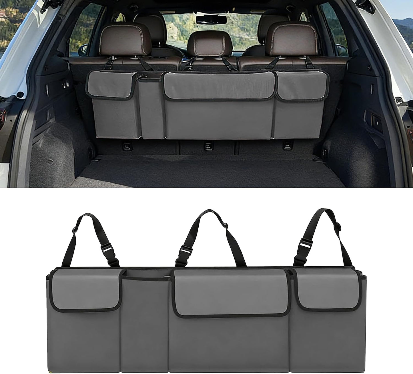 Car Trunk Organizer, Waterproof Backseat Hanging Large Storage with Adjustable Straps, Collapsible Cargo Bag with 4 Pockets, Car Interior Accessories for Truck, SUV, MPV (Black)