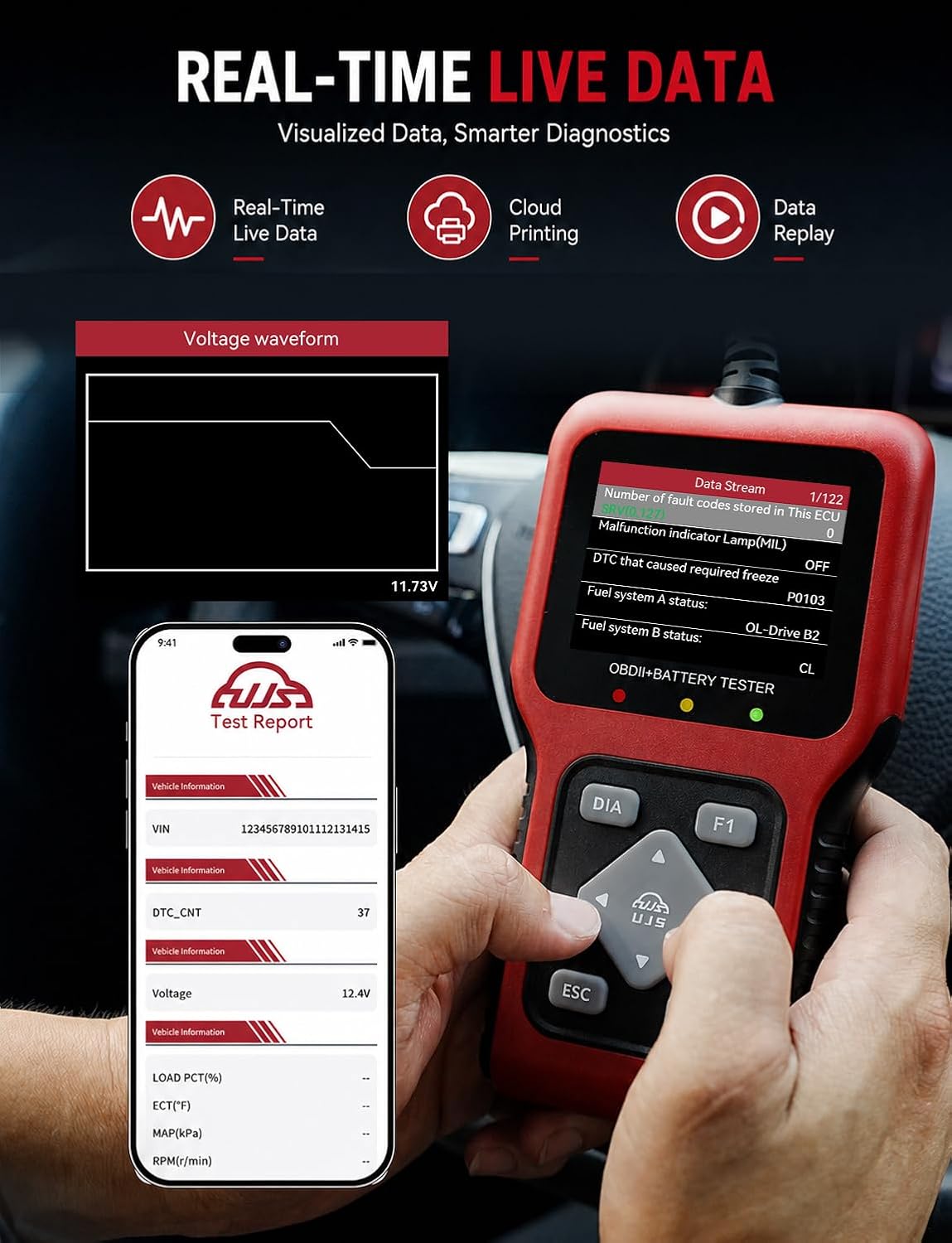 TesGo 2 in 1 OBD2 Scanner and 12V Battery Tester, Car Diagnostic Tool
