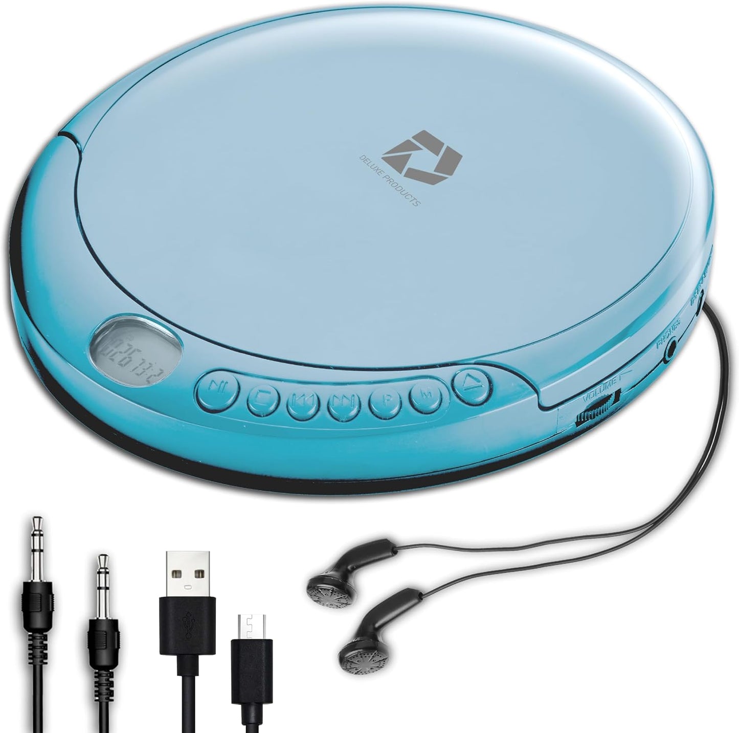 Deluxe Products CD Player Portable with 60 Second Anti Skip, Stereo Earbuds, Includes Aux in Cable and AC USB Power Cable for use at Home or in Car. Silver