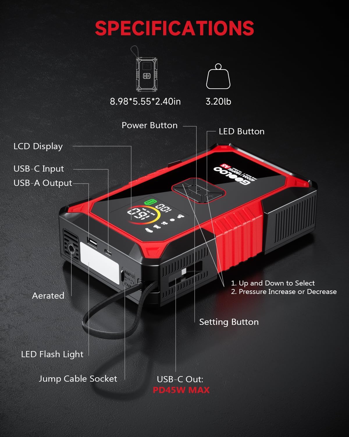 GOOLOO A5 Jump Starter with Air Compressor, 4000A Portable Jump Box