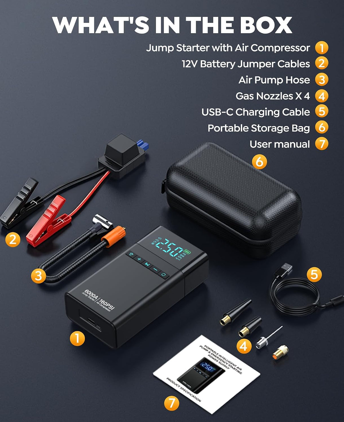 6000A 10-in-1 Car Battery Jump Starter with Air Compressor 160PSI
