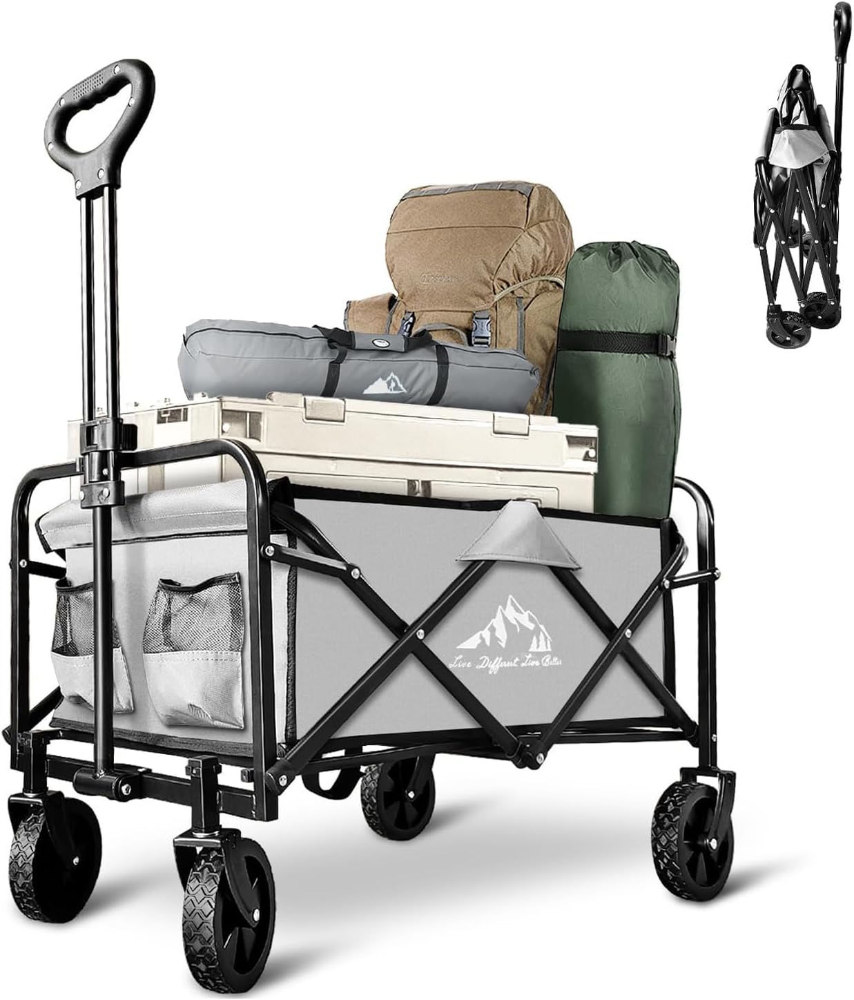 Heavy Duty Folding Wagon 320lbs Capacity, Reinforced Steel Frame Utility Cart with All-Terrain Quiet Wheels, Collapsible Outdoor Wagon for Camping, Gardening & Sports, Blue