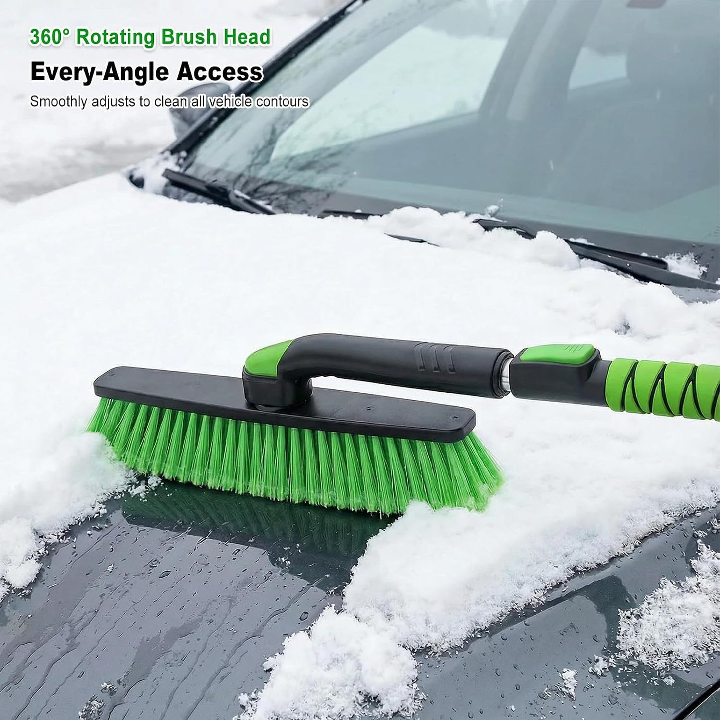 SEAAES 45 Inch Snow Brush with 5.2" Extra Wide Ice Scraper for Car, Extendable Snow Scraper with Foam Grip, 360° Pivoting Brush for SUV Truck Jeep Vehicle Windshield Window - Green