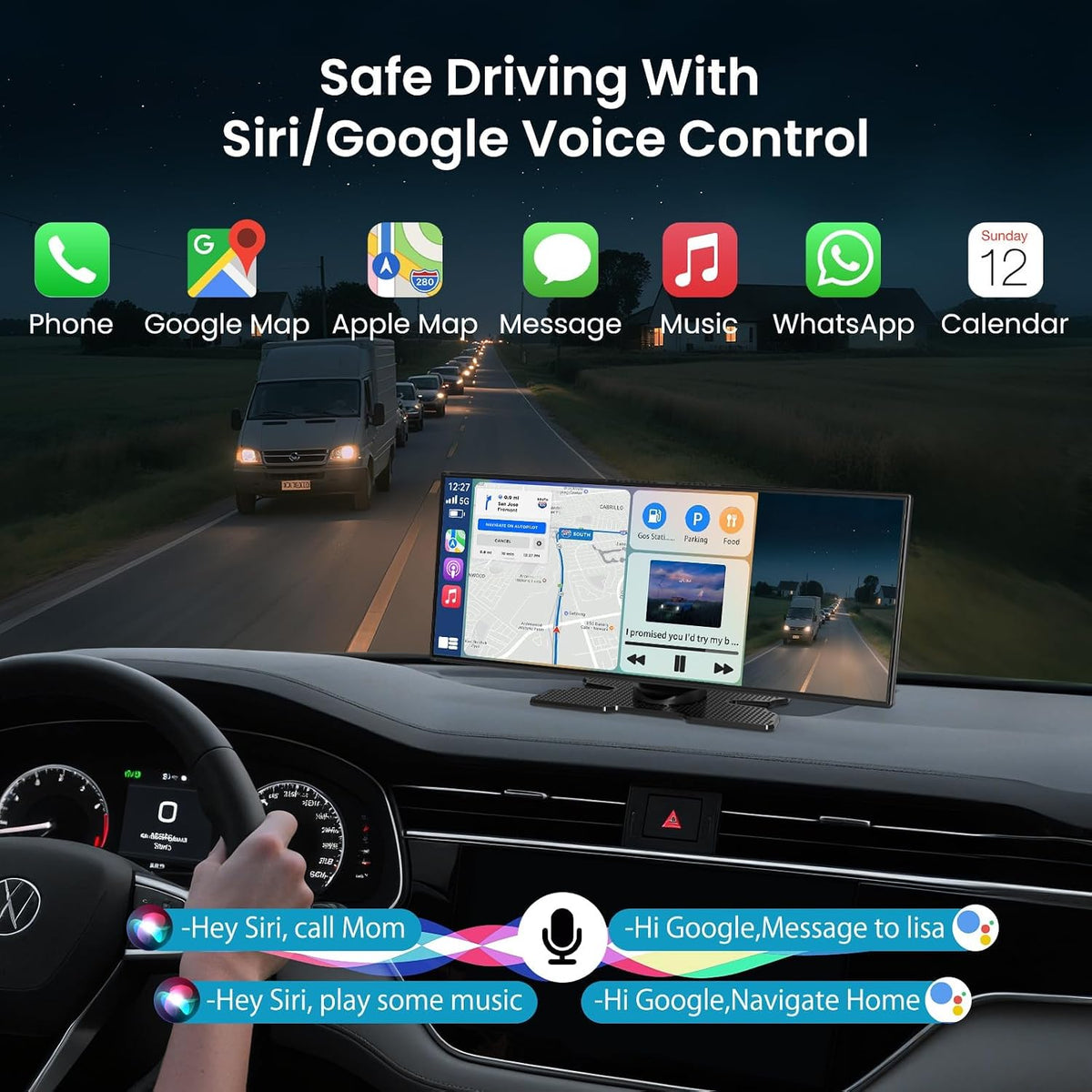 11.5 inch Wireless CarPlay Screen for Car, HD Touchscreen with Wireless CarPlay & Android Auto, 4K Dash Cam, 1080P Backup Camera, Navigation, Bluetooth, Voice Control, FM Transmitter, Mirror Link