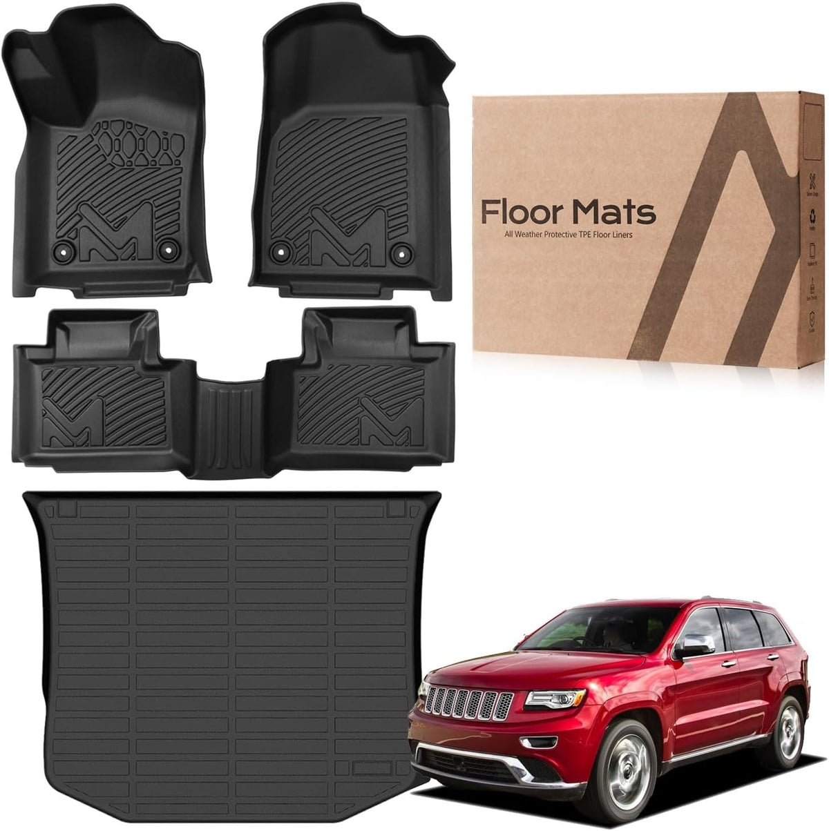TPE Automotive Floor Mats & Cargo Liner Custom for 2016-2021 Jeep Grand Cherokee & 2022 WK (Not for L), All Weather Cover Protection Waterproof Black Floor Liner Front & Rear Row Full Set Car Mats
