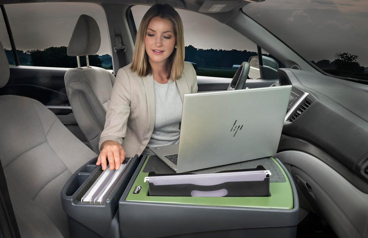 AutoExec Efficiency FileMaster Car Desk for Your Vehicle Workstation and Mobile Office, Army Green with 400 watt Power Inverter
