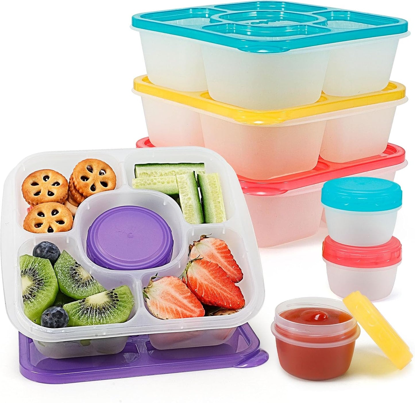 Caperci Original Lunchable Snack Containers for Kids & Adults - 5 Compartments Bento Snack Boxes with 4 Leakproof Small Containers, Wheat Straw, BPA-Free, Set of 4 (Vintage Colors)