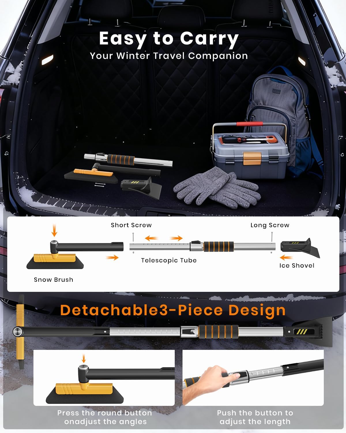 helloleiboo 43.7" Extendable Ice Scrapers for Car Windshield for 12 Adjustable Length Settings with Foam Grip and 360° Pivoting Brush Head Detachable Snow Brush for Truck SUV(Orange)