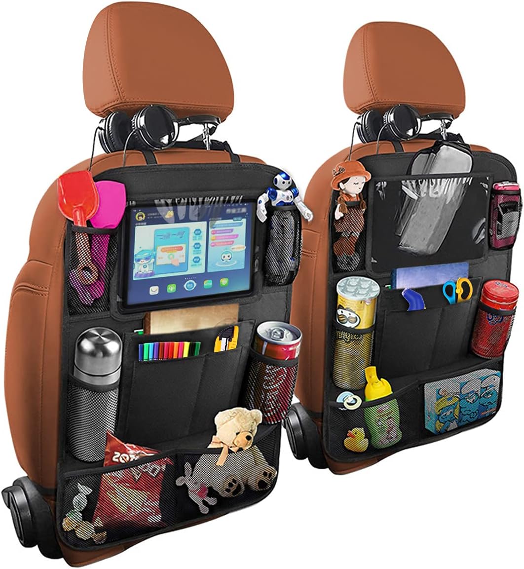Black Oxford Fabric Car Backseat Storage Caddy, 25 x 19 Inches, 9 Compartments, 11 Inch iPad Holder