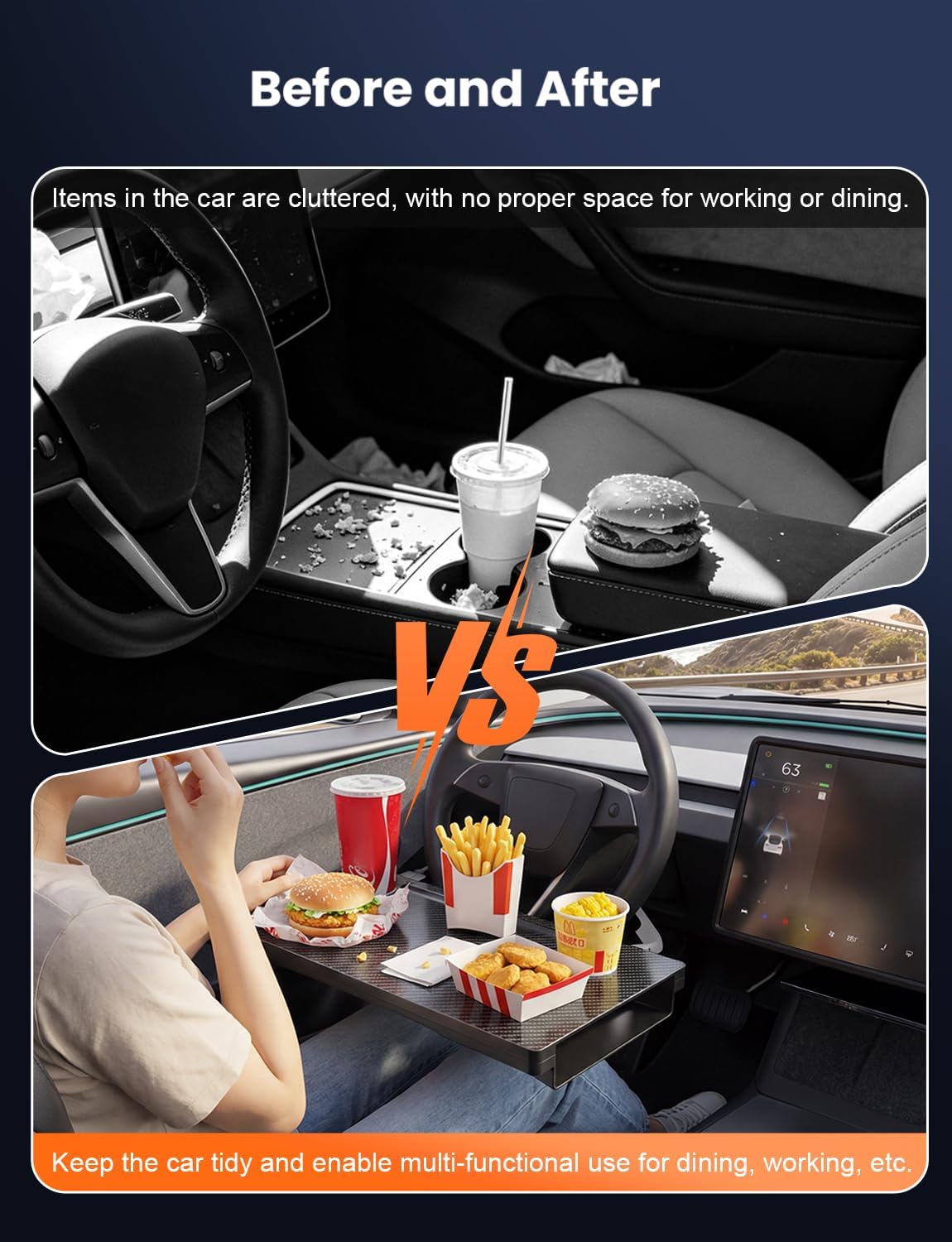 2-in-1 Car Steering Wheel Desk & Table Tray, Seat Gap Filler Organizer - Detachable Two-Piece Slide-Together Laptop & Eating Tray, Adjustable Supports & Hooks, Fits Most 3-Spoke Round Wheels