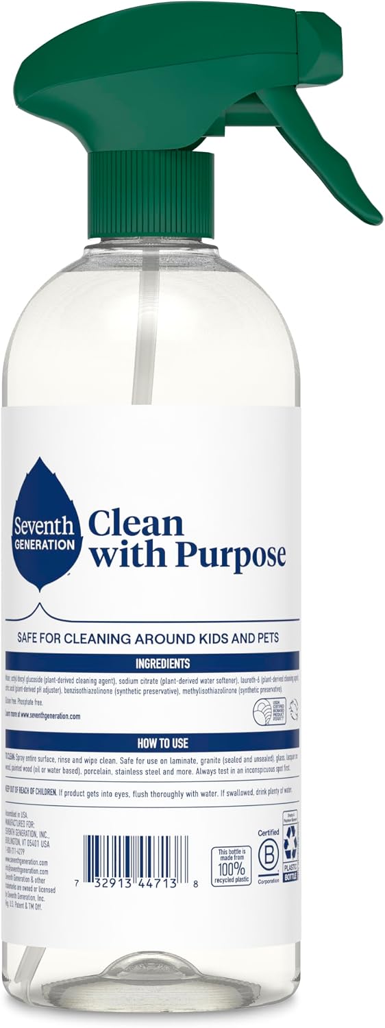 Seventh Generation All Purpose Cleaner, Free & Clear, 23 oz, Pack of 4, Plant-Based Cleaning Spray, Cuts Grease & Grime, No Fragrance or VOCs, Safe for Kids & Pets, Works on Glass, Sealed Wood & More