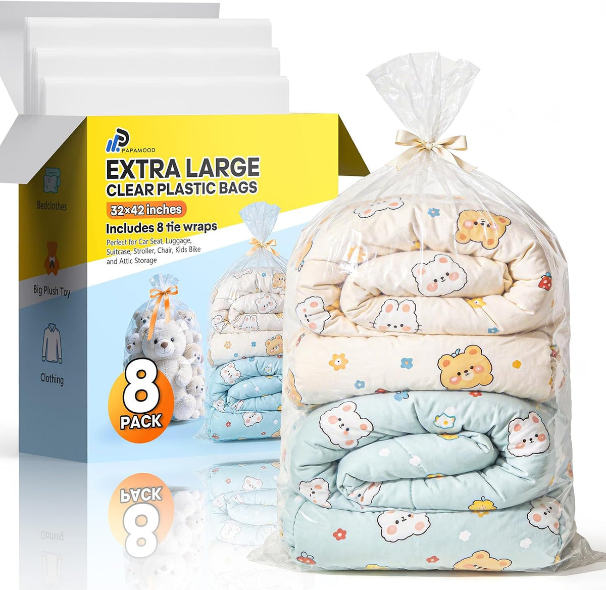 40x60 Inch Extra Large Clear Plastic Storage Bag for Luggage Cover, 8 Pack | 2 Mil Thick Poly Flat Bags for Suitcase/Rug/Car Seat/Stroller/Chair/Xmas Tree Cover, Attic Basement Garage Storage Moving Bag
