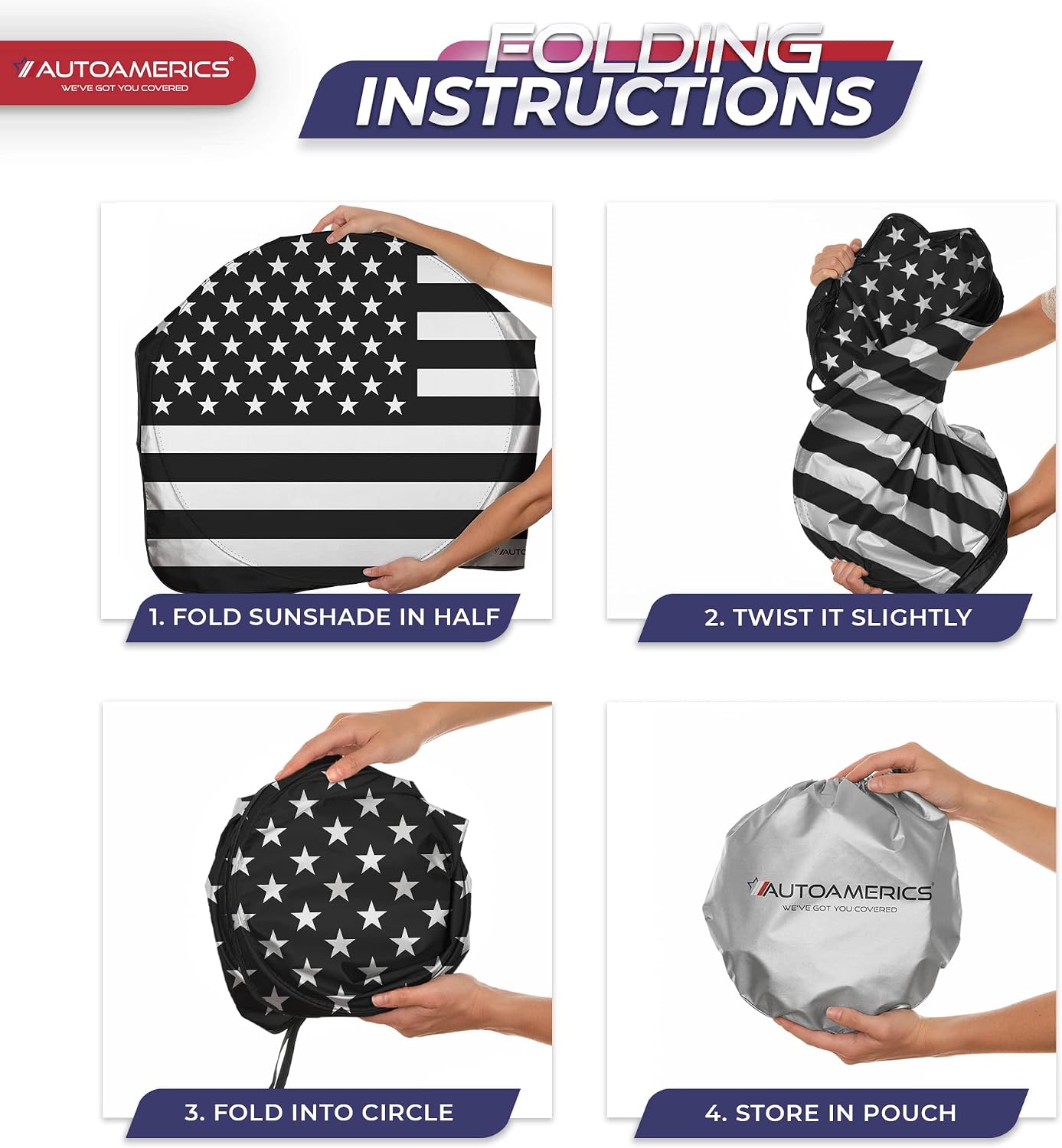 Autoamerics 1-Piece Windshield Sun Shade B&W American Flag USA Patriotic Design - Foldable Car Fits Easily to SUV & Truck Vehicles UV Ray Blocker Keeps Your Vehicle Cool Large