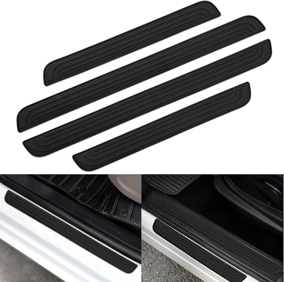 Door Sill Plate Protectors for Car - Universal Door Entry Guards Sill Scuff Cover Panel Step Protector, Welcome Pedal Protector Cover, No Pattern, Full Black Base, 4pcs/Set