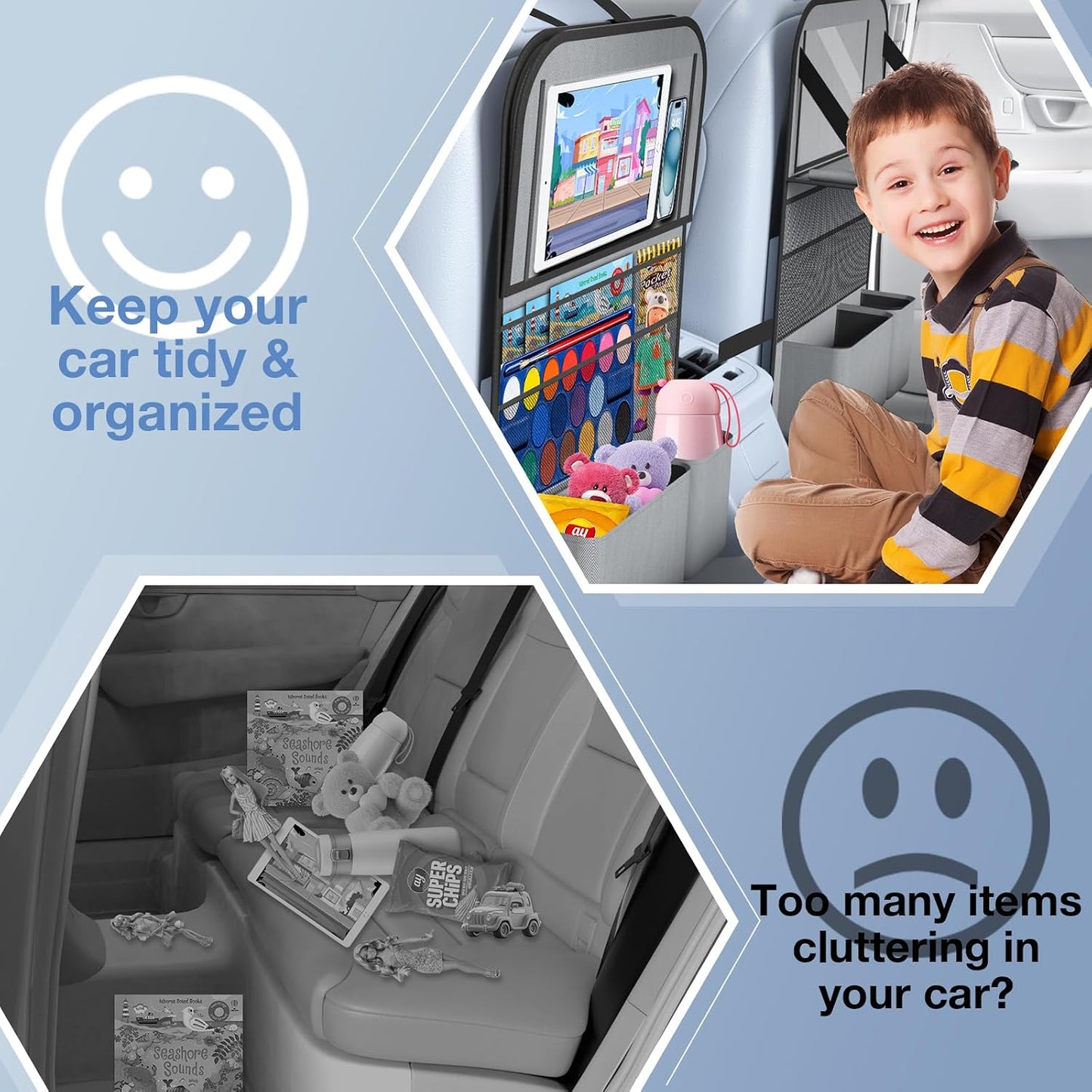2PACK-Car Backseat Organizer with Touch Screen Tablet Holder,9 Storage Pockets Storage Organizer with Foldable Food Tray, Protector Kick Mats for Kids, Travel Accessories Organizer (Grey)