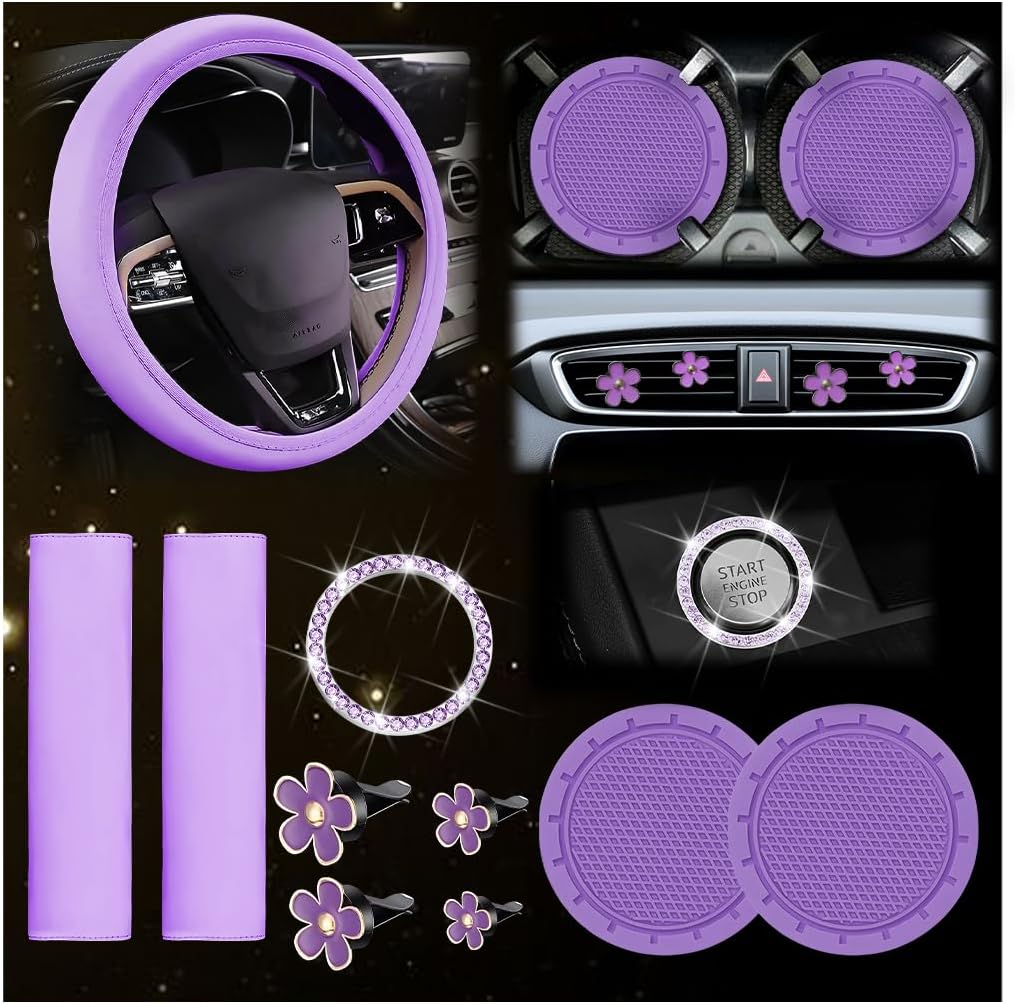 10PCS Car Accessories Set, Vehicle Steering Wheel Cover Seatbelt Protector Cup Holder Coaster Push Start Button Cover Flower Auto Air Vent Clip, Universal for SUV, Truck, RV (Blue)