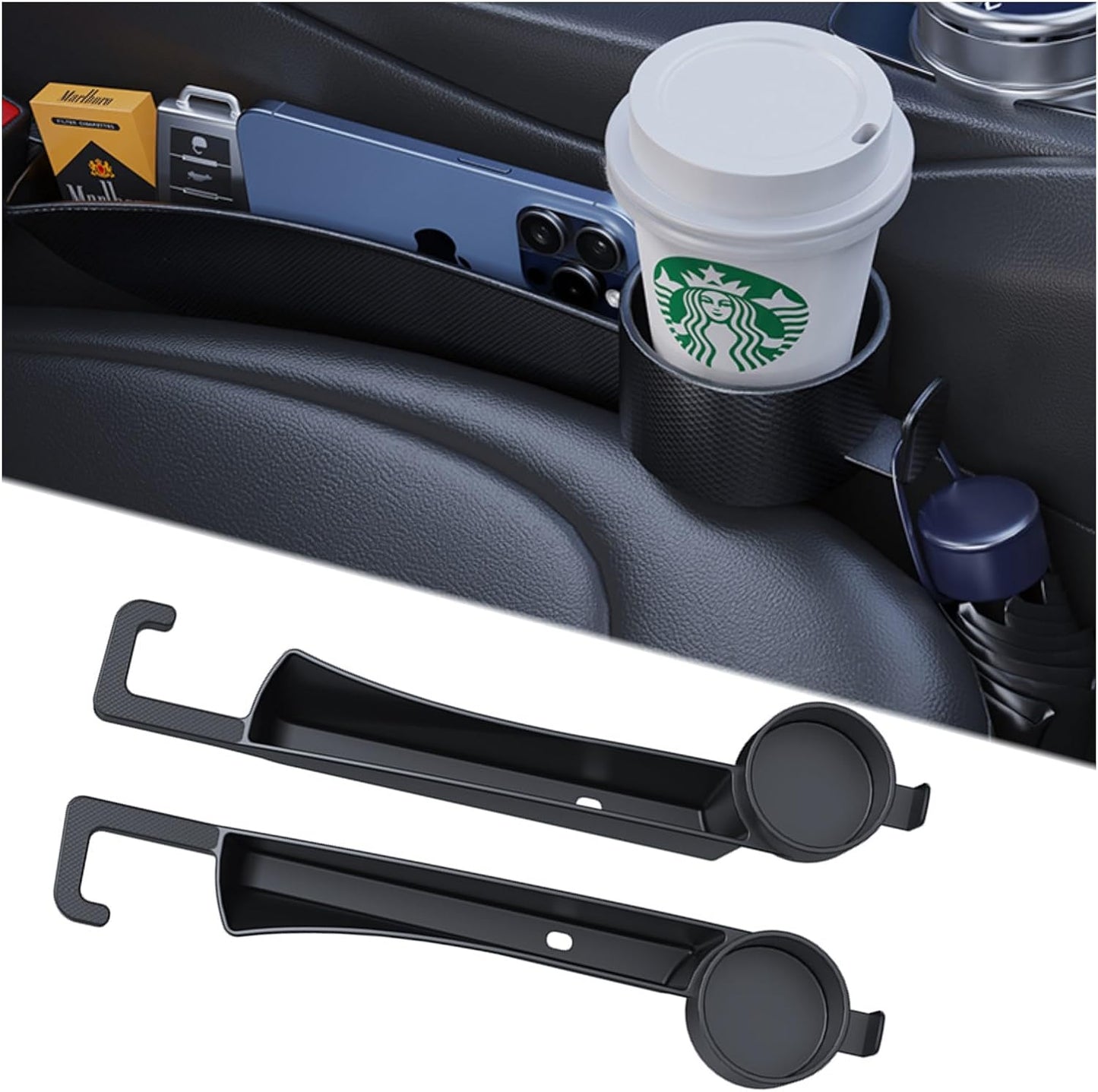 Car Seat Gap Filler Organizer 2 Pack, 3in1 Carseat Side Gap Plug with Filler, Organizer & Hook Functions, Gap Space Stopper Universal Fit Car SUV Truck Fill the Gap Between Seat & Console, Black