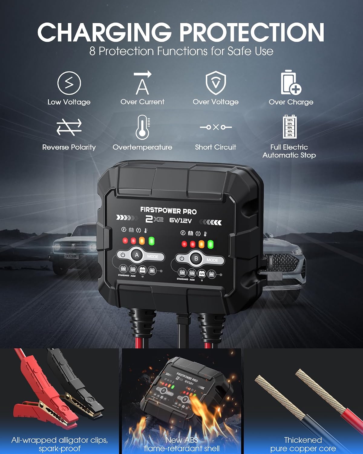 2-Bank, 4A (2A/Bank) Trickle Charger for Car Battery, 12V 6V Car Battery Charger, Automotive Battery Trickle Charger, Maintainer, for Motorcycle Lawn Mower AGM, Lithium Batteries - 1PC