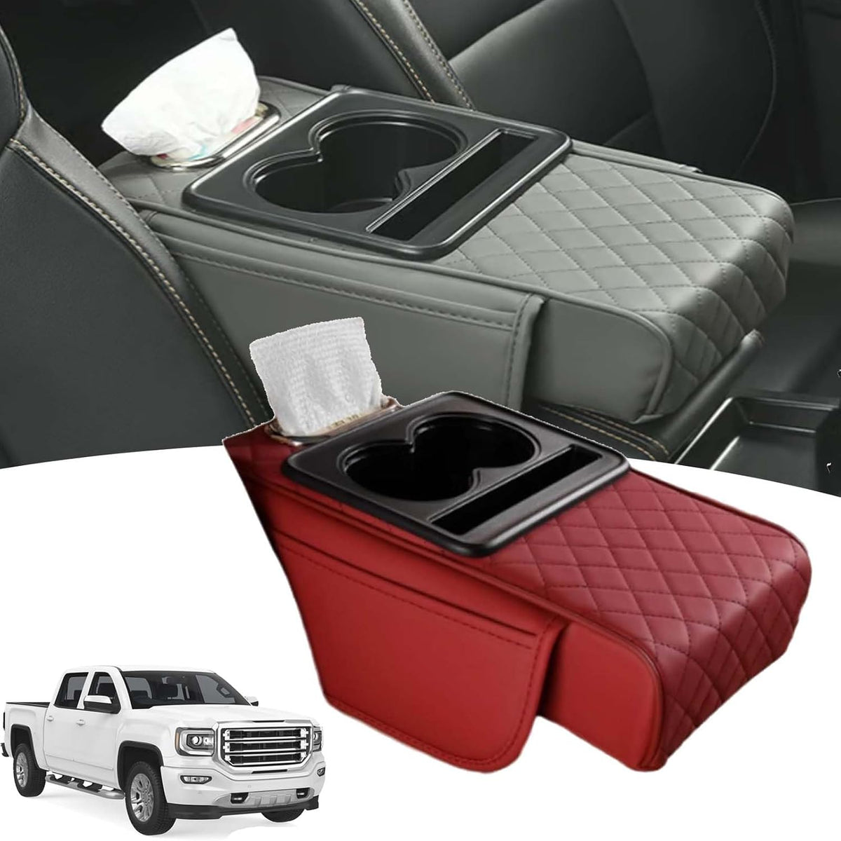 Multifunctional PU Leather Car Armrest Box Mat, 5-in-1 Center Console Cover with Cup Holder with 2 Storage Bags, Tissue Box Slot, Phone Slot for Universal Most Cars,Velcro Design (Black*A)