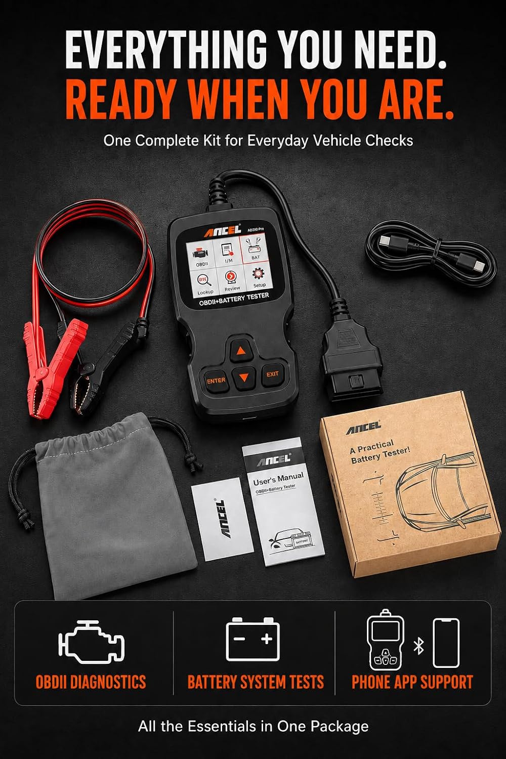 ANCEL AD310 Pro Bluetooth OBD2 Scanner & Battery Tester for Cars